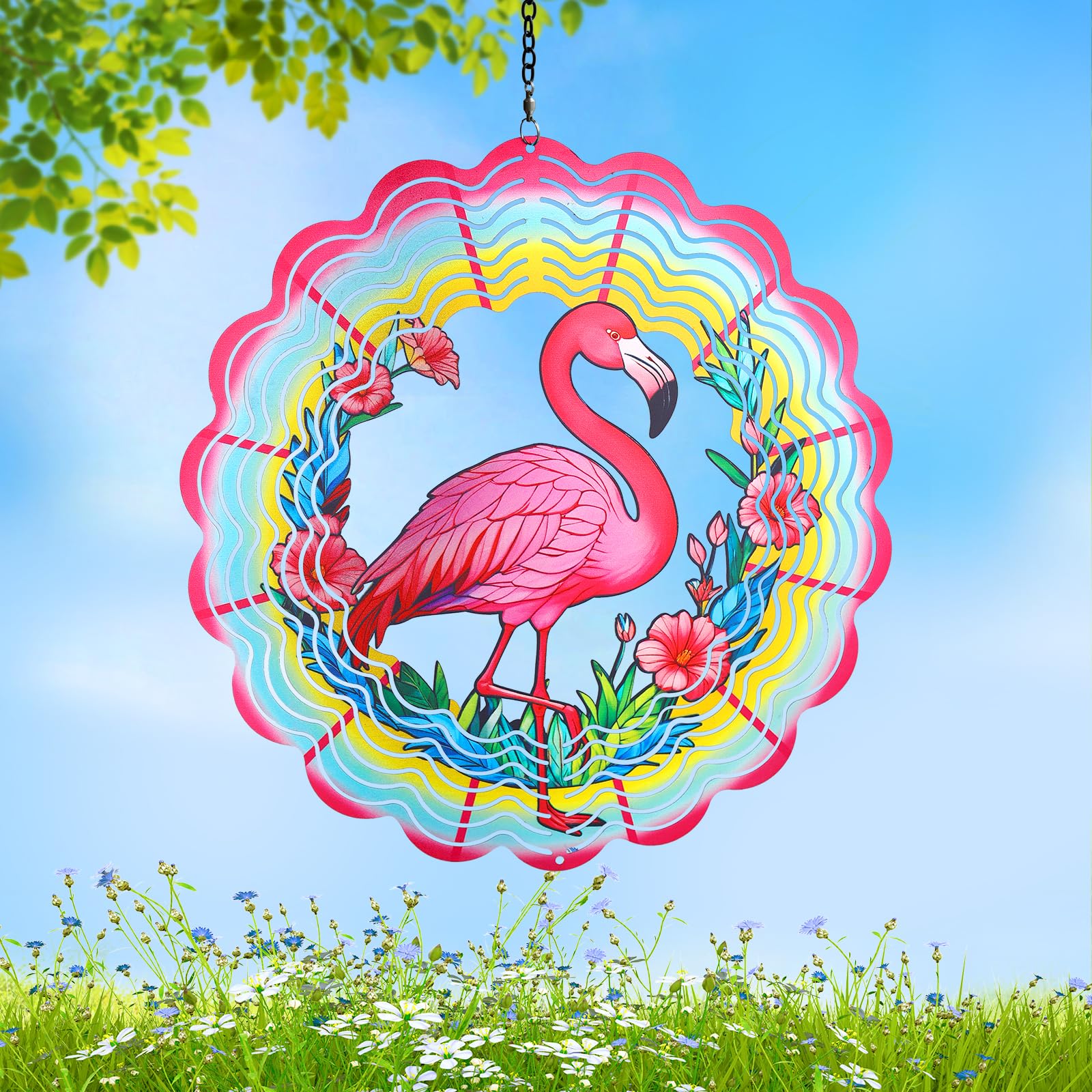 Flamingo Metal Wind Spinners Gifts for Women Mom Grandma Friends Hanging Wind Spinner Garden Decorations 12 inch 3D Kinetic Sculpture for Lndoor