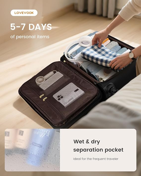 LOVEVOOK Carry on Suitcase 22x14x9 Airline Approved,20 inch Lightweight Waterproof Suitcases with 360 silent swivel wheels, TSA Lock and Compartment, Large Capacity travel Suitcase Black