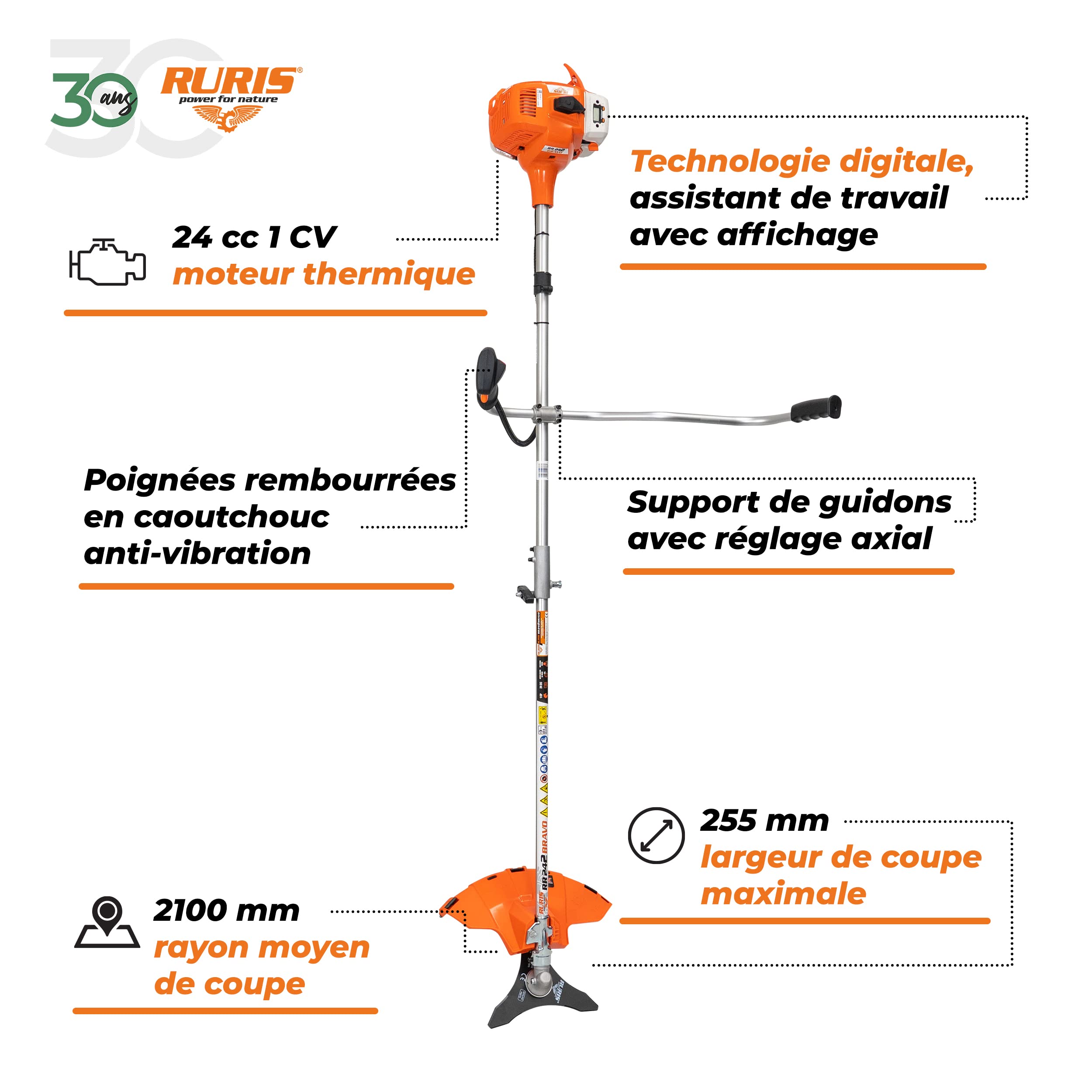 RURIS Rr242Bravo, Débroussailleuse Thermique, Orange, 1 CV