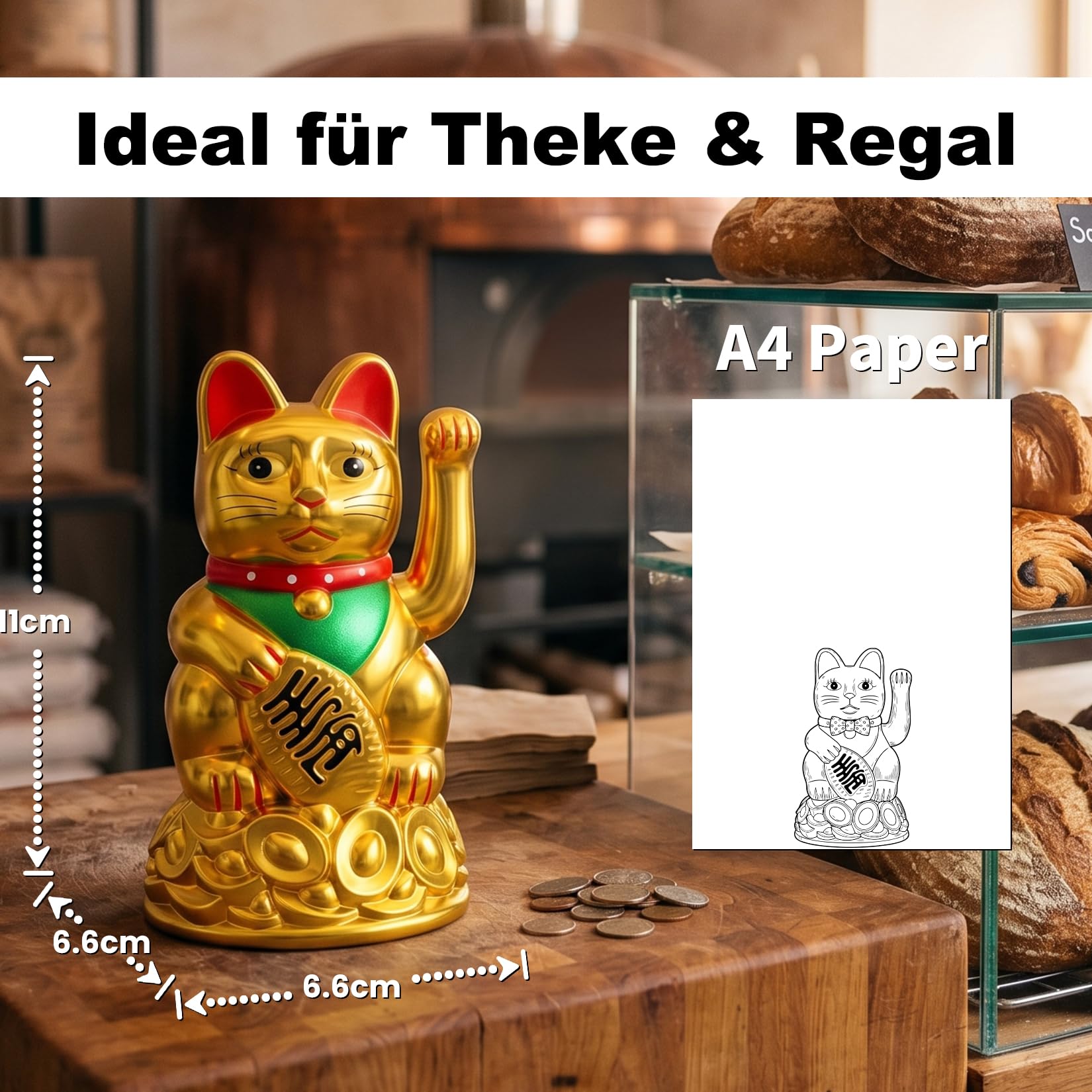 Starlet24 - Gatto portafortuna “Maneki Neko” con zampina che si muove, per feng shui, Plastica, gold, 11 cm
