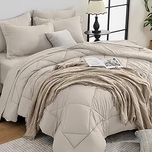 HEVUMYI Beige Tan Queen Comforter Set - 7-Piece All Season Bed in a Bag Queen, Ultra Soft Bedding Set with Comforter, Flat Sheet, Fitted Sheet, Pillowcases, Pillow Shams, Beige Tan