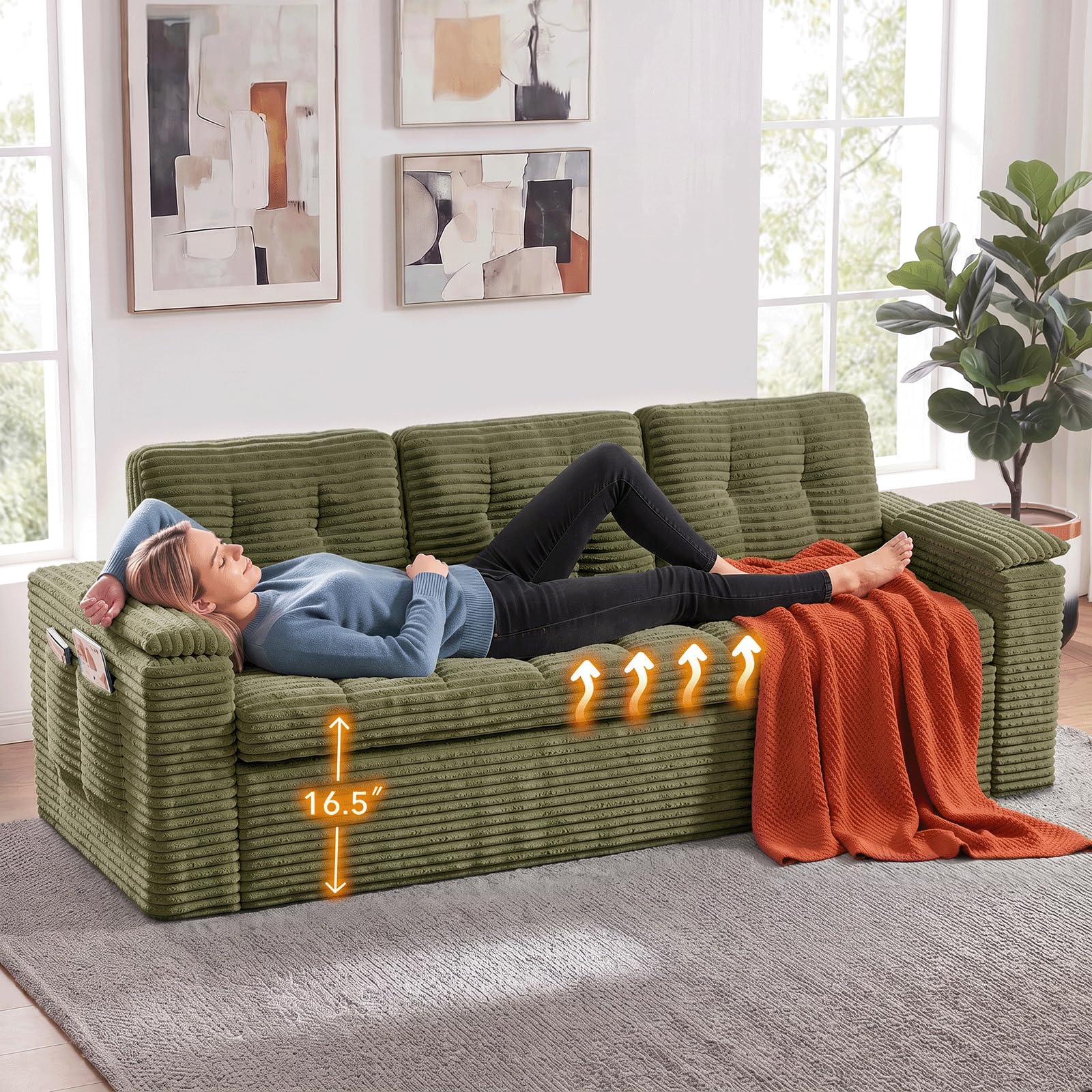 Fabulcozy 3-Sitzer Sofa 210 cm aus Cord mit Fußstütze, Seitentaschen, Armlehnenkissen und 3 Kissen inklusive, Bequeme Polsterung, für Wohnzimmer, Apartment,Grün