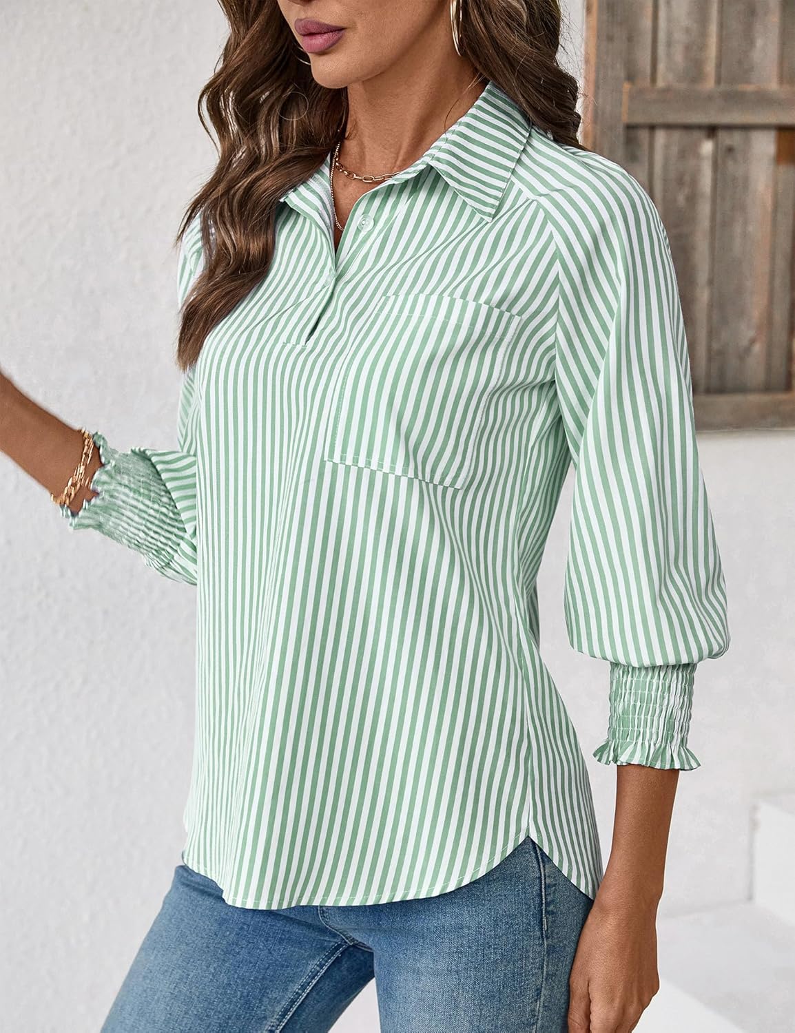 Kistore Women Blouses 3/4 Sleeve Business Shirts Smocked Cuffed Spring Dressy Casual Tops 2026 Fashion S-XXL - Image 2