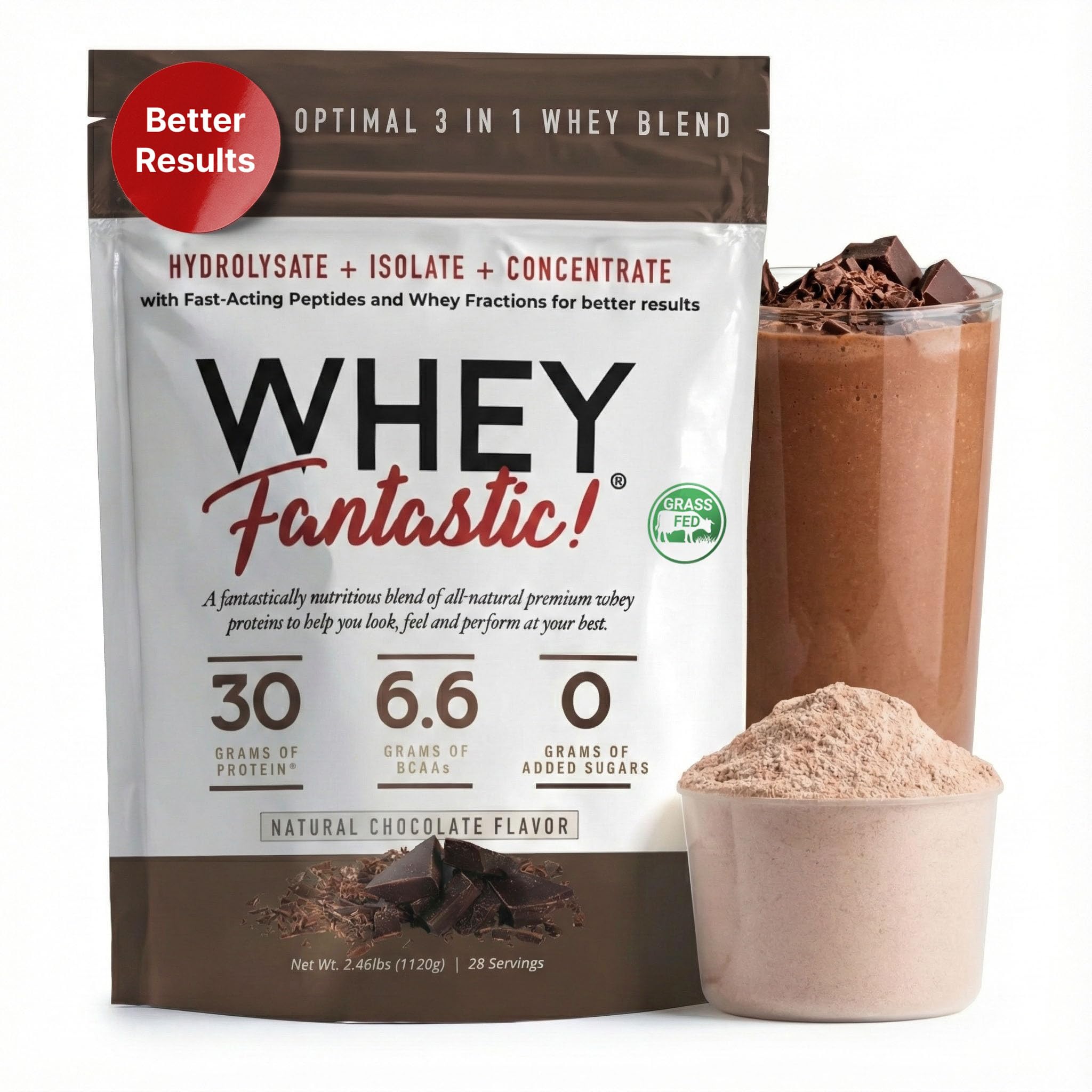 Chocolate -3-in-1 Grass Fed Whey Protein Powder - Unique Blend of Hydrolysate, Isolate, & Concentrate Provides 30g of Protein & 6.6g BCAAs per Serving - 2.46lb-28 Servings