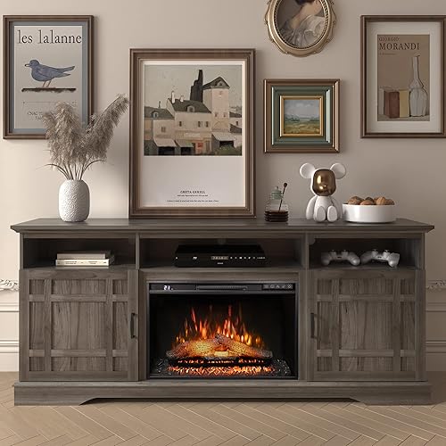 Rodalflame Soporte de TV con chimenea para televisores de hasta 82 pulgadas, centro de entretenimiento con puerta plana con chimenea eléctrica