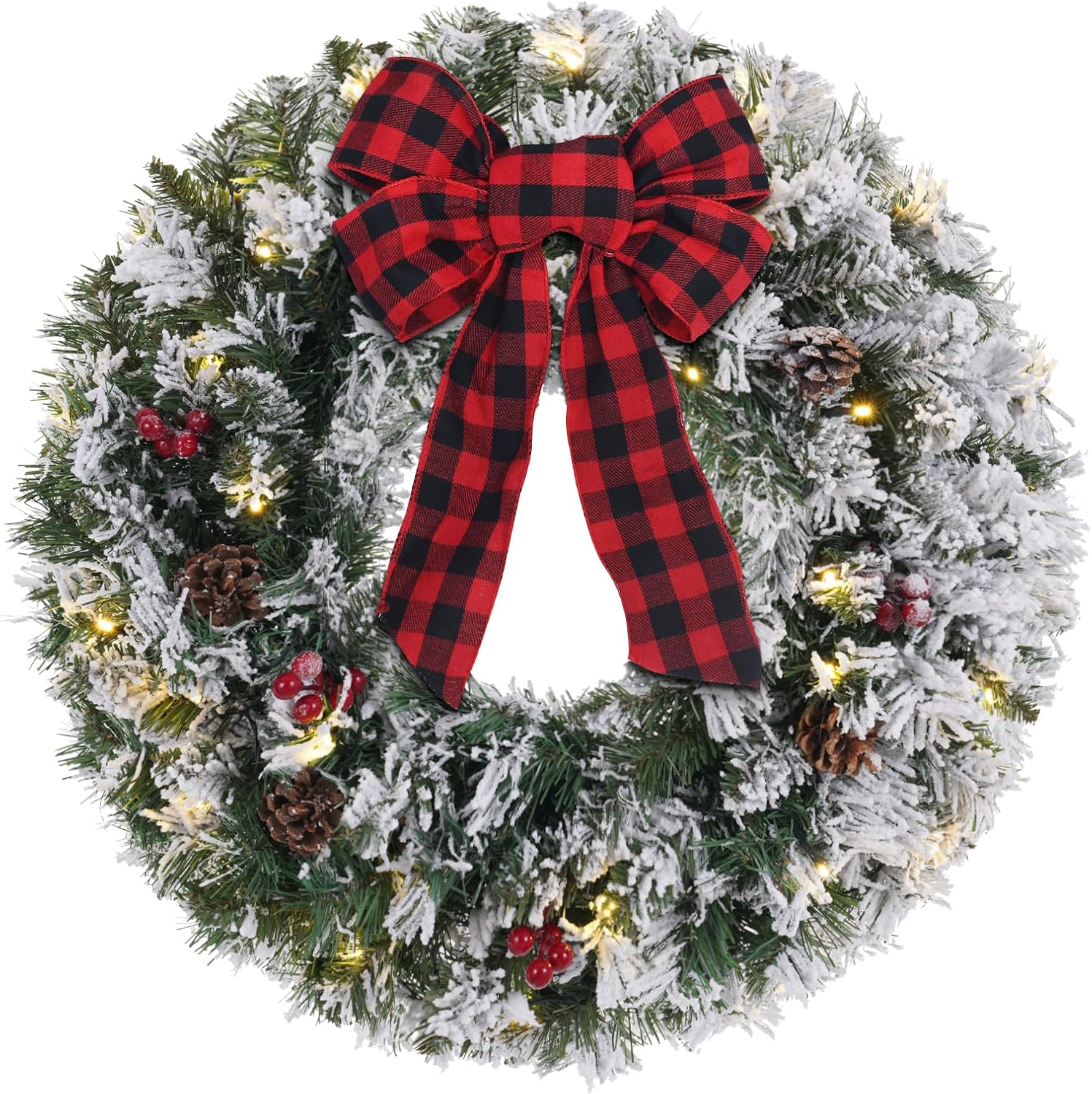 Christmas Wreaths for Front Door, DECSPAS 24 Inch 2 FT Prelit Snowy Flocked Christmas Wreath with Timer 30 LED Lights Bow Red Berries Pine Cone, Xmas Wall Windows Decorations Home Decor Outdoor Indoor