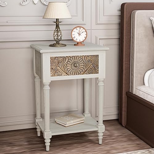 Miniatura 6 de HOMPUS Mesita de noche de 18 x 14 x 265 pulgadas con patrones de tallado de cajón mesa auxiliar de madera con estante de almacenamiento mesa