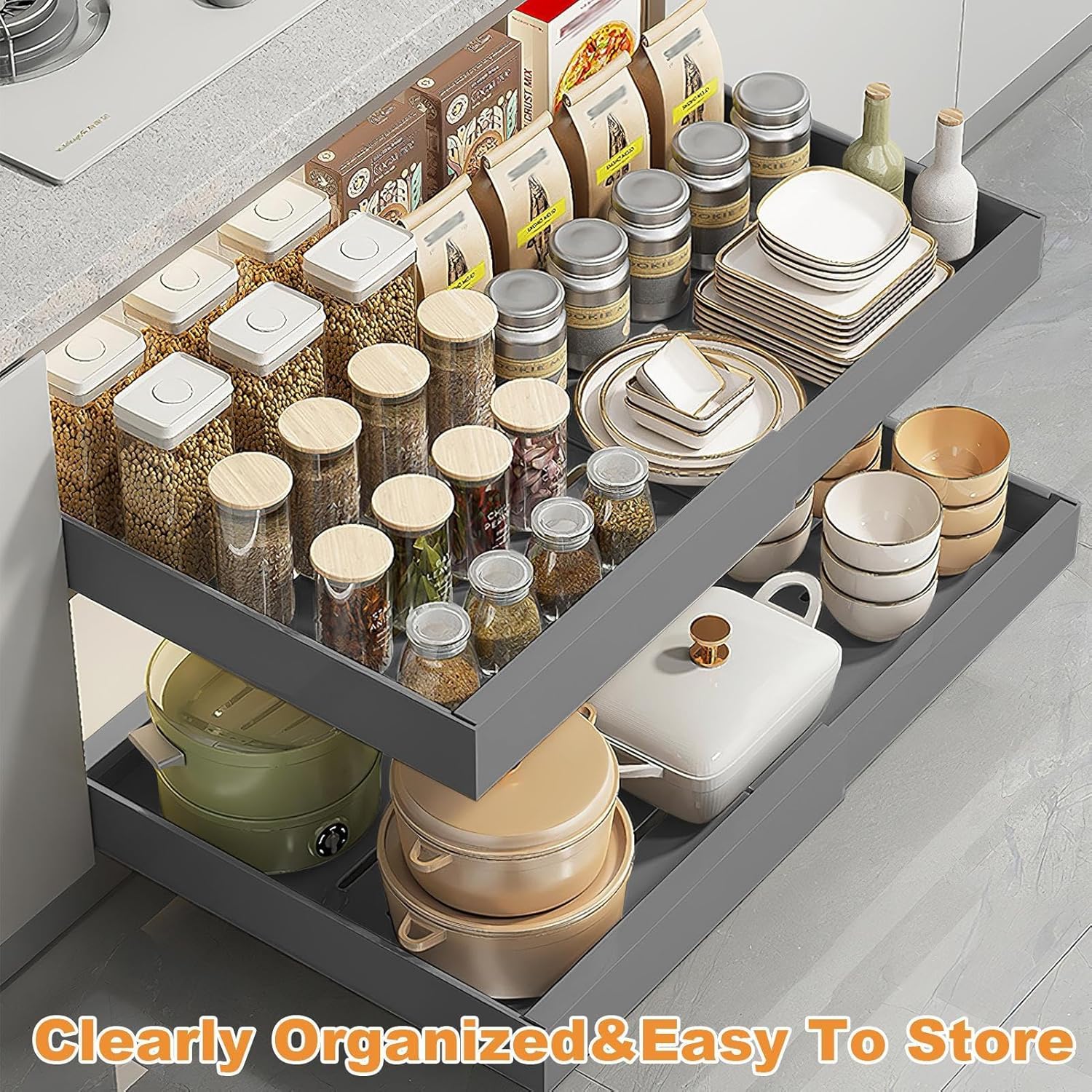 Adjustable Pull Out Cabinet Shelves | Heavy Duty Multi-Use Kitchen Roll Out Tray | Pantry Shelf Storage Organizer for Cookware and Kitchen Essentials