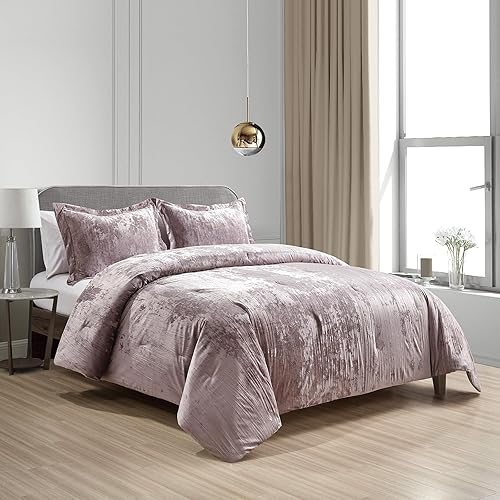 Juego de edredón de terciopelo arrugado, 3 piezas, moderno y lujoso, súper suave, incluye un edredón y dos fundas de almohada (ceniza rosa, King)
