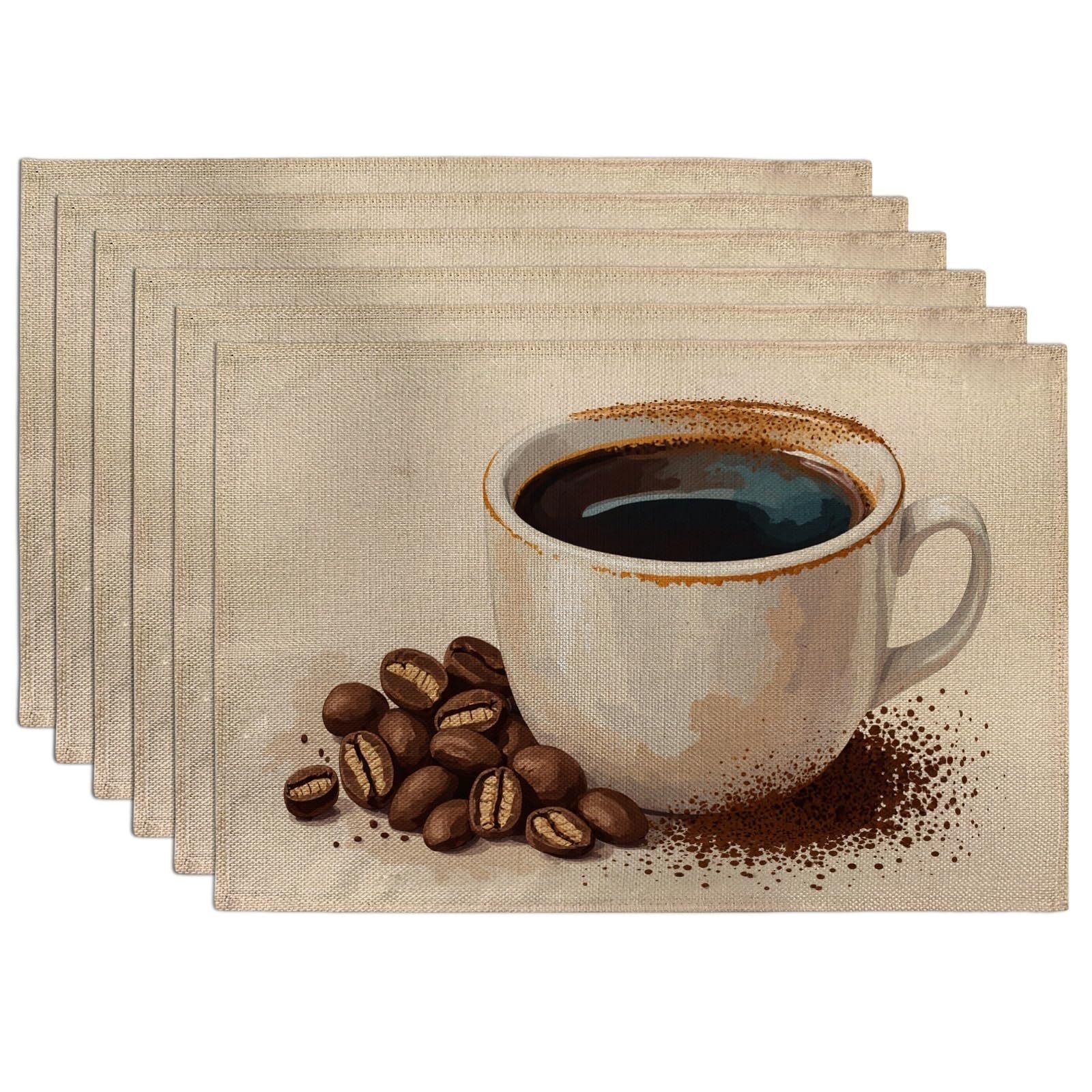 Coffee Cup Placemats, Rustic Vintage Coffee Beans Table Mats for Dining Table, Everyday Non-Slip Washable Indoor Outdoor Kitchen Party Decorative Placemat Set of 6