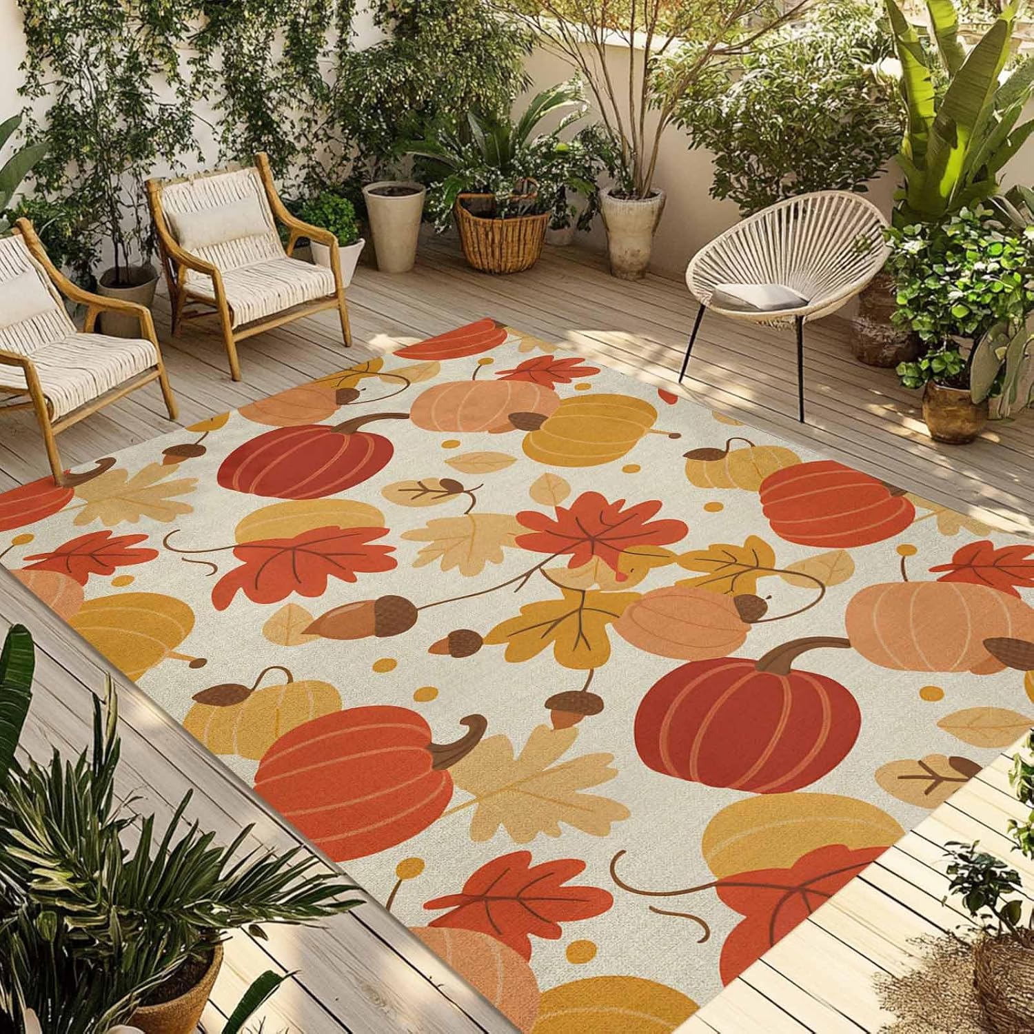 5x8 feet Outdoor Area Rug Non-Slip Carpet, Thanksgiving Fall Maple Leaf and Pumpkin Farmhouse Country Vintage Absorbent Mat Low Pile Rugs for Patio, Backyard, Deck, Picnic, Beach, Camping