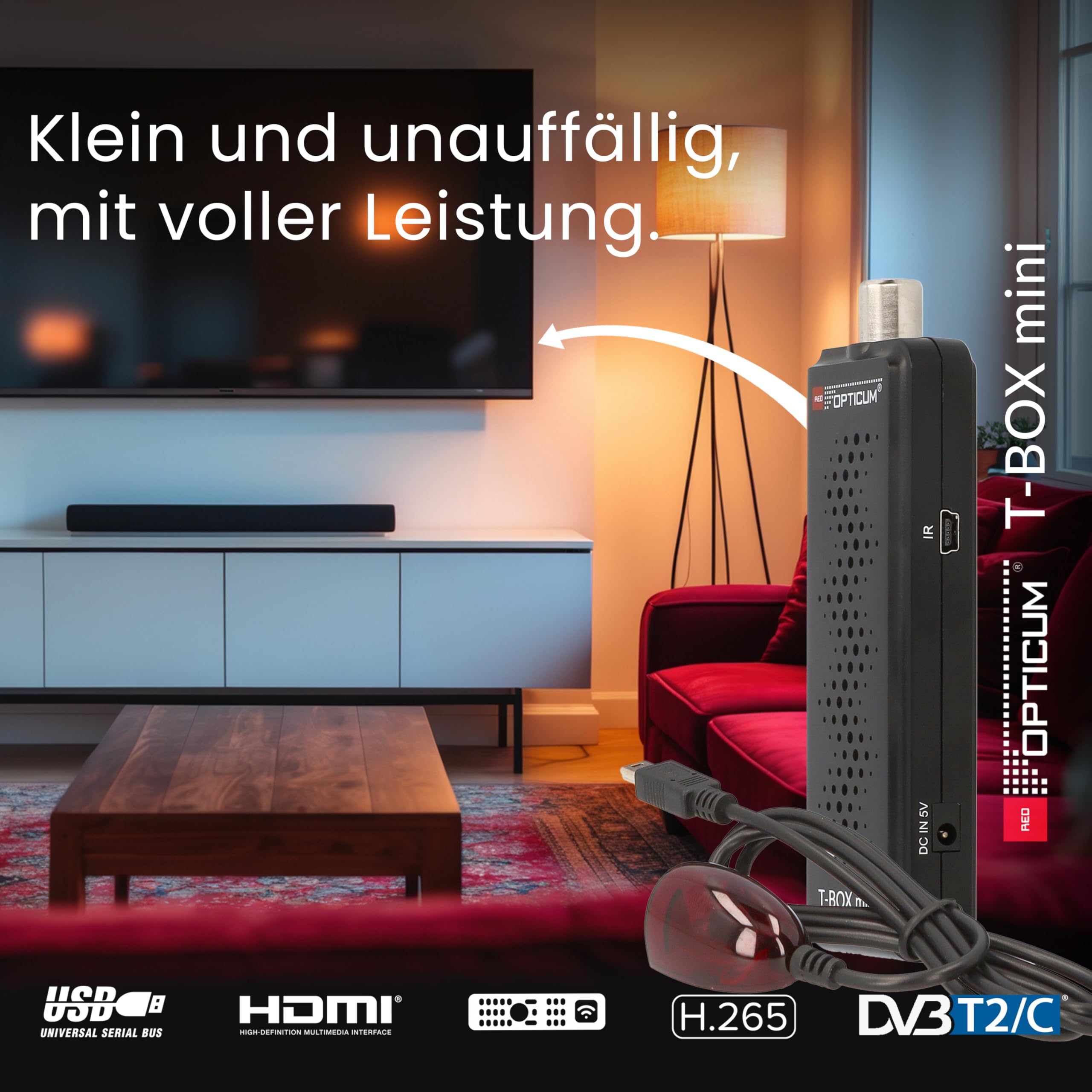RED OPTICUM T-Box Mini DVB-T2/C Digital Full HD Receiver, H.265 HEVC, HDMI, USB 2.0, Schwarz, mit Fernbedienung, IR-Sensor, EPG, Teletext, PVR-Funktion, 115x37x17mm