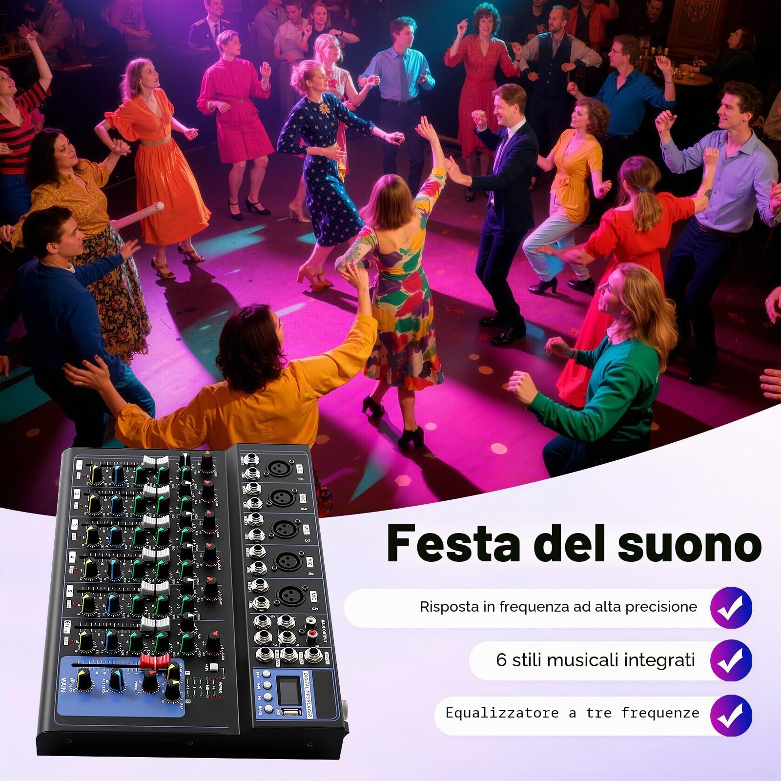 Mixer, mixer audio a 7 canali, mixer audio DJ professionale a 7 canali, telaio in metallo, 6 equalizzatori di stili musicali, alimentazione phantom da 48 V, karaoke/registrazione/live, compatto 33 cm