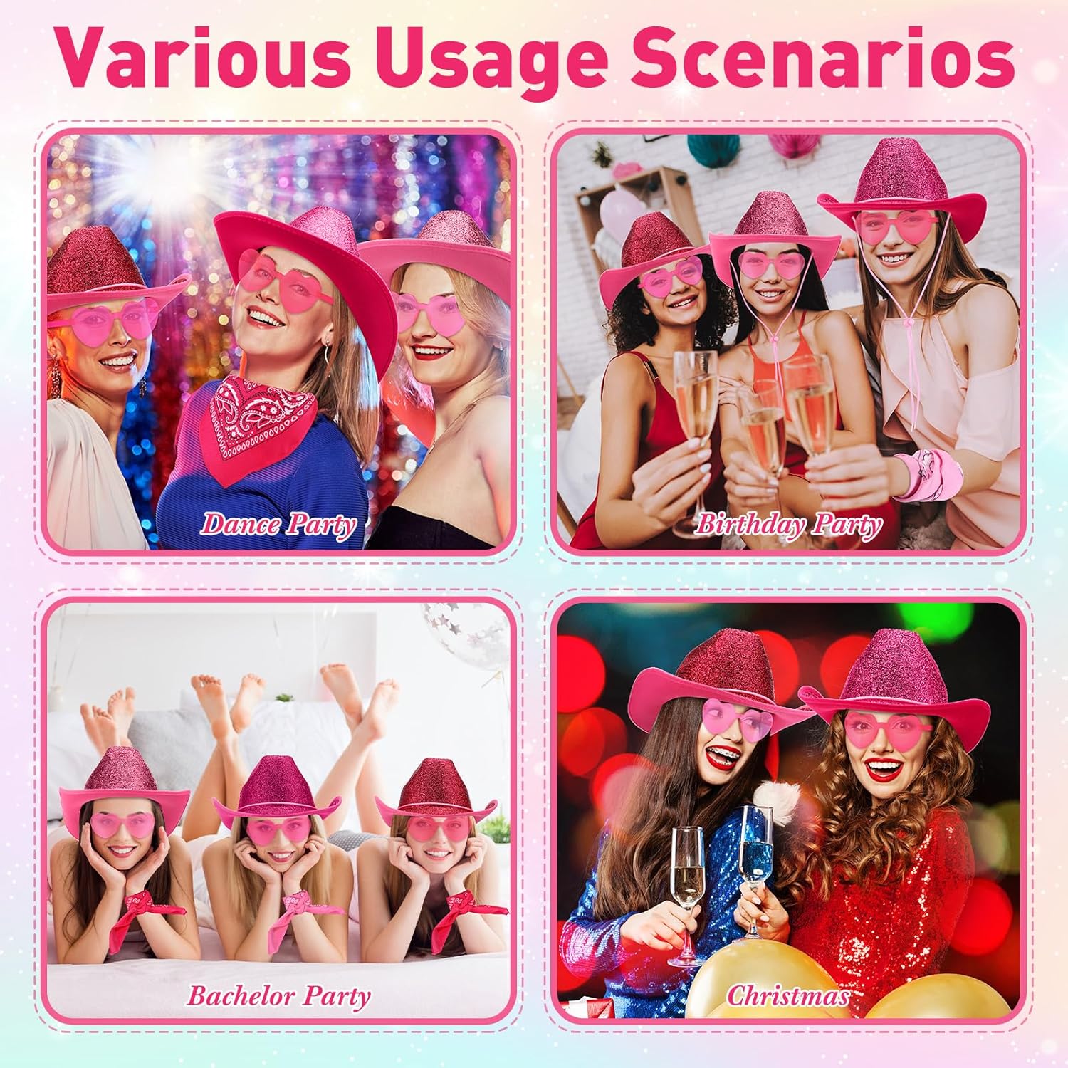 Geyoga 9 Pcs Adult Cowboy Hat with Paisley Bandanas and Heart Shape Sunglasses for Western Cowgirl Party Costume - Image 4