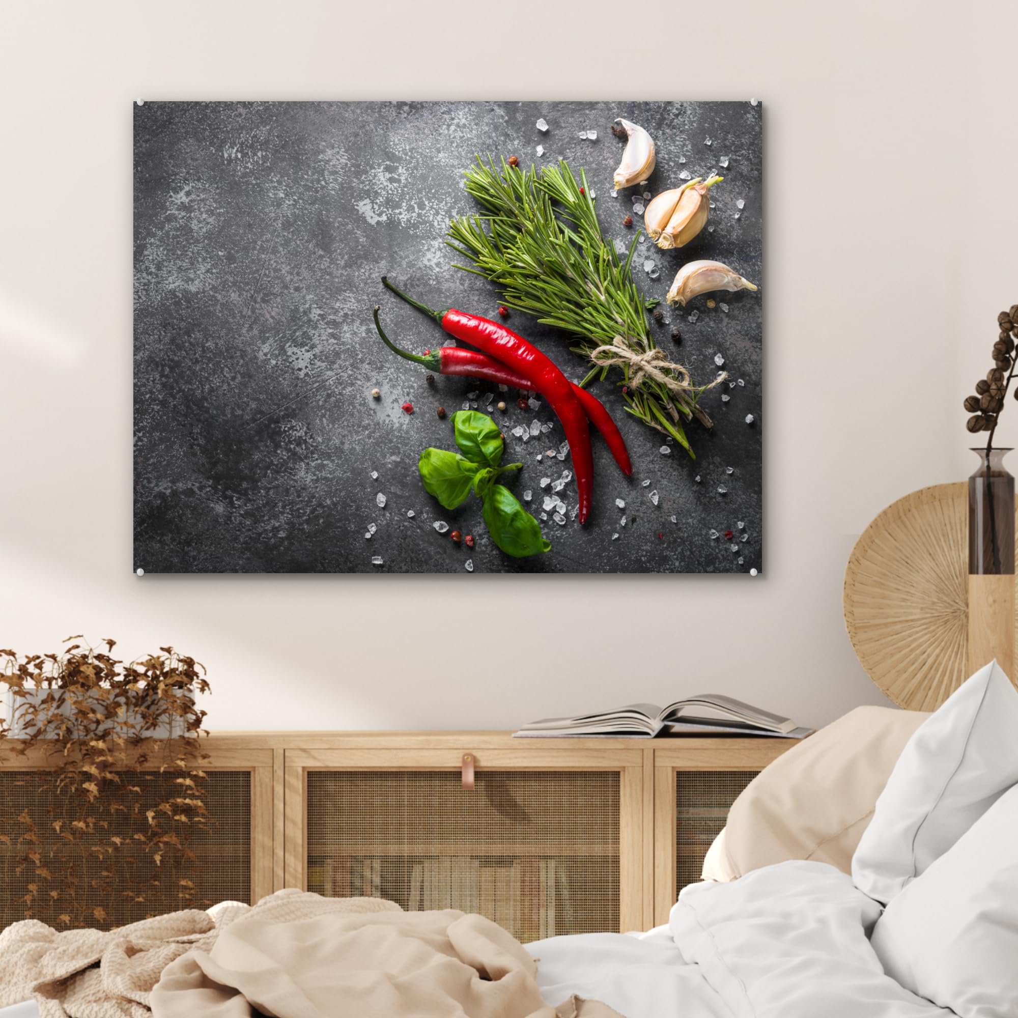MuchoWow© Quadri Grande Formato 80x60 cm Mini Poster Parete Moderno Interno Stampa Foto Su Vetro Salotto Cornice Murale Arredamento Pepe - Spezie - Cemento - Erbe