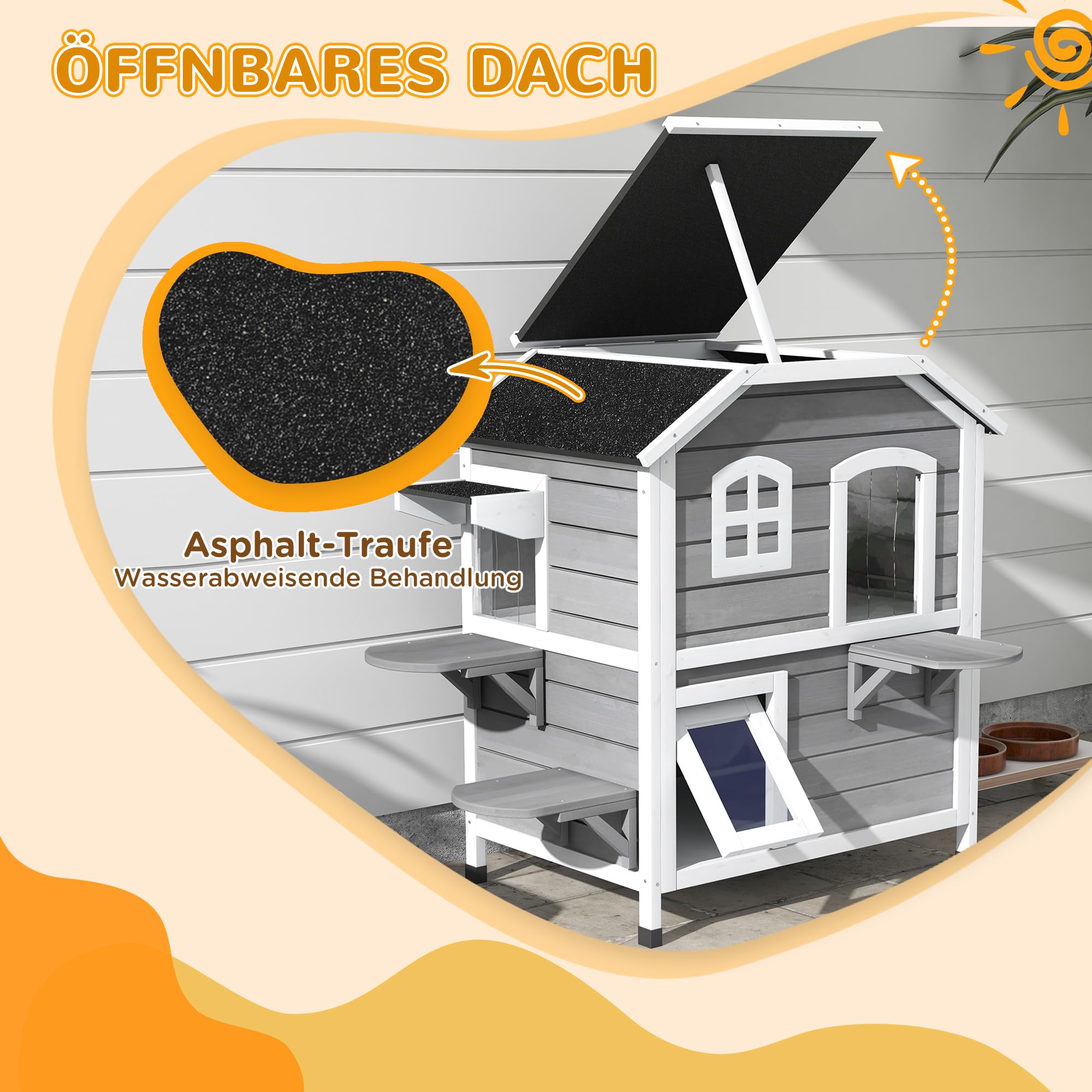 PawHut Katzenhaus aus Holz Outdoor 2-Etagen Winterfest 99,5x76x91 cm Grau | Wasserdicht, Katzenhütte mit Asphaltdach, Klappbarem Deckel, Treppe, Katzenhöhle, Schutzhütte, Garten, Balkon
