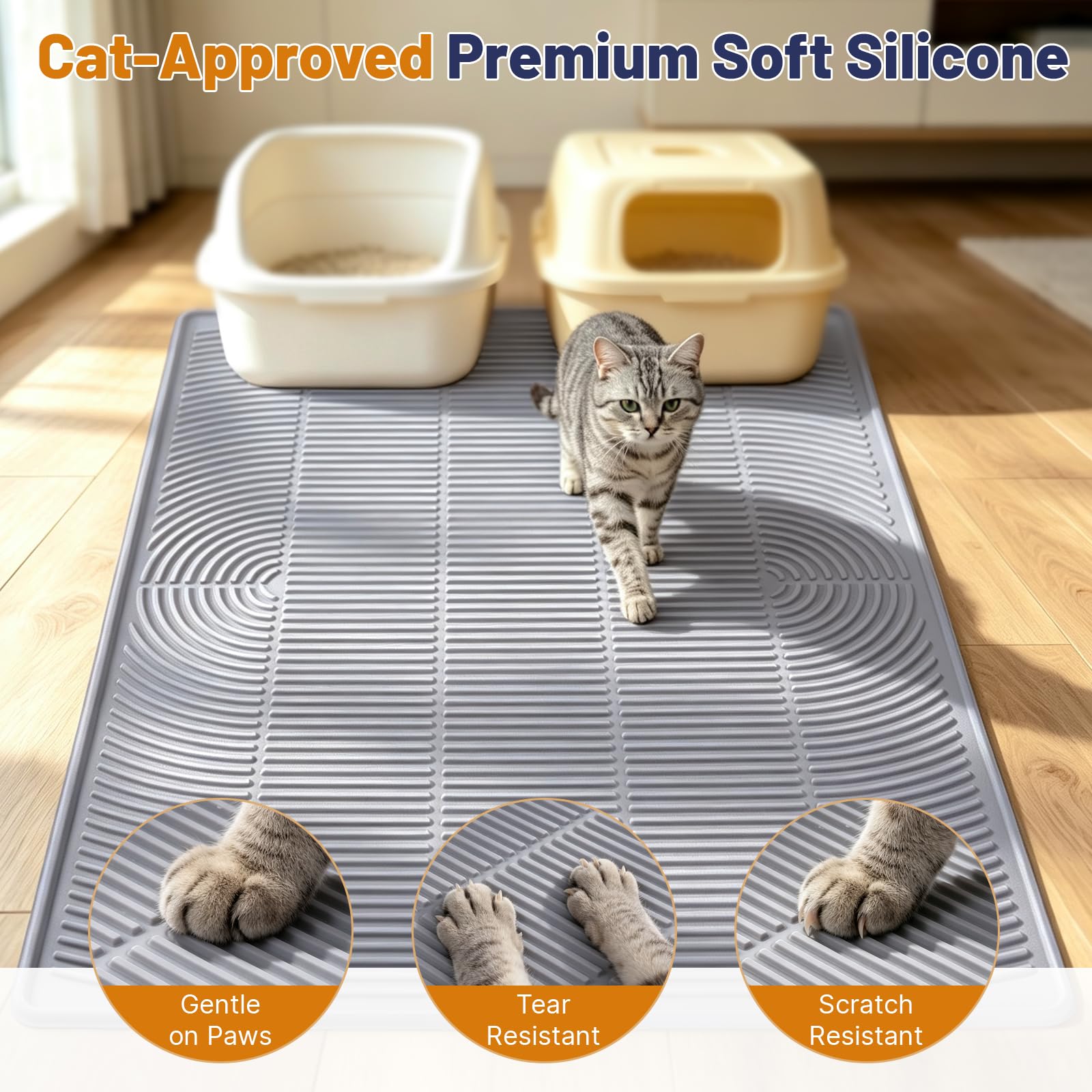 Tappetino per lettiera per gatti, XL, 117 x 88,9 cm, impermeabile, in silicone, grigio