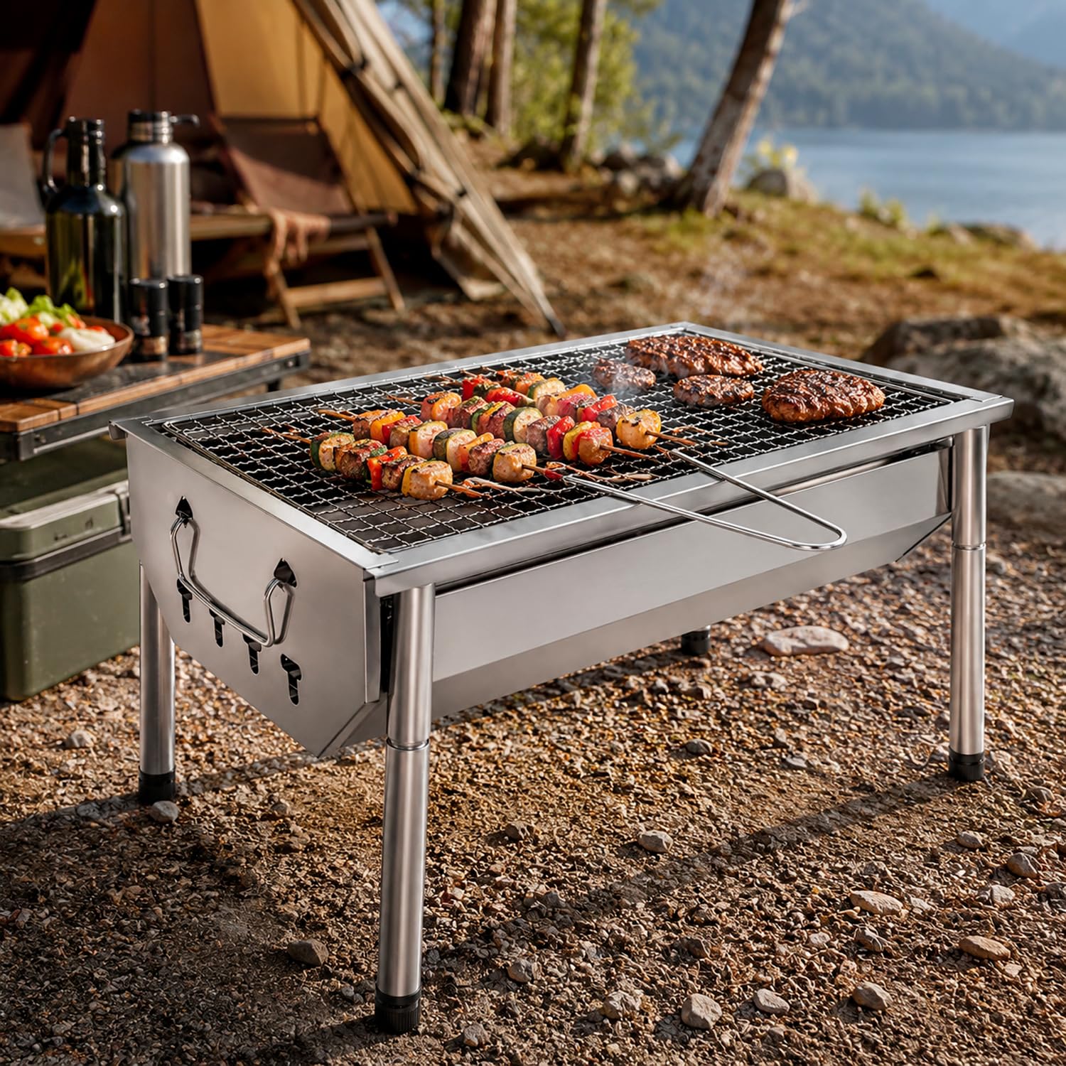 Barbecue A Carbone Portatile In Acciaio Inox Con Griglia Smontabile Gambe Regolabili Design Salvaspazio Per Campeggio Picnic Giardino Outdoor 40 X 28 X 21.5 Cm Acciaio