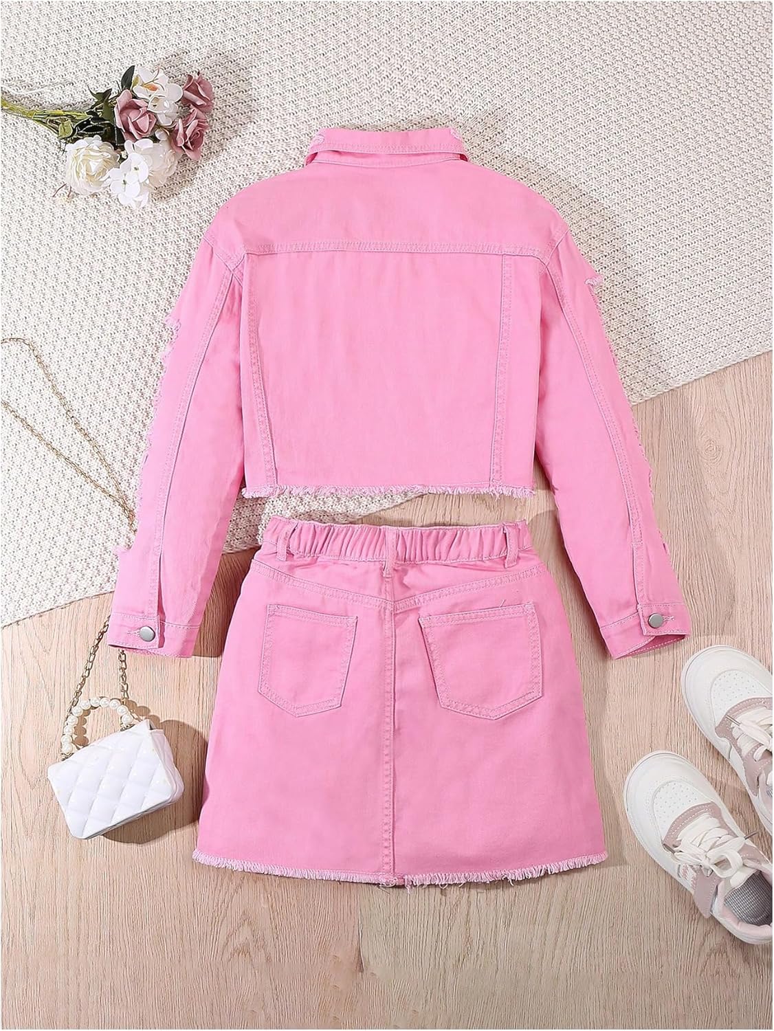 WDIRARA Girl's 2 Piece Outfits Ripped Button Down Jacket Elastic Waist Denim Skirt Set - Image 2