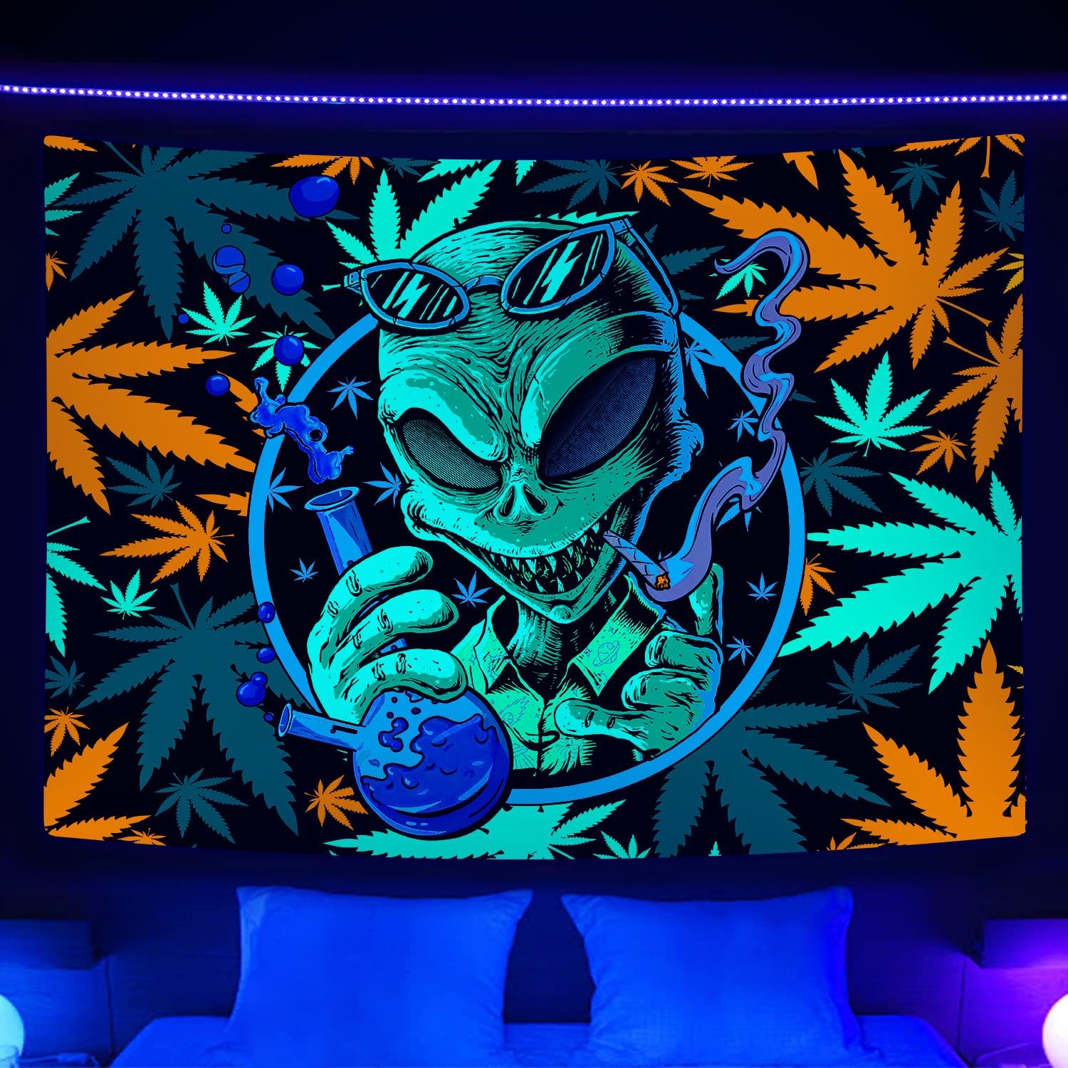 Wathon Blacklight Trippy Weed Marijuana Tapestry UV Reactive, Cool