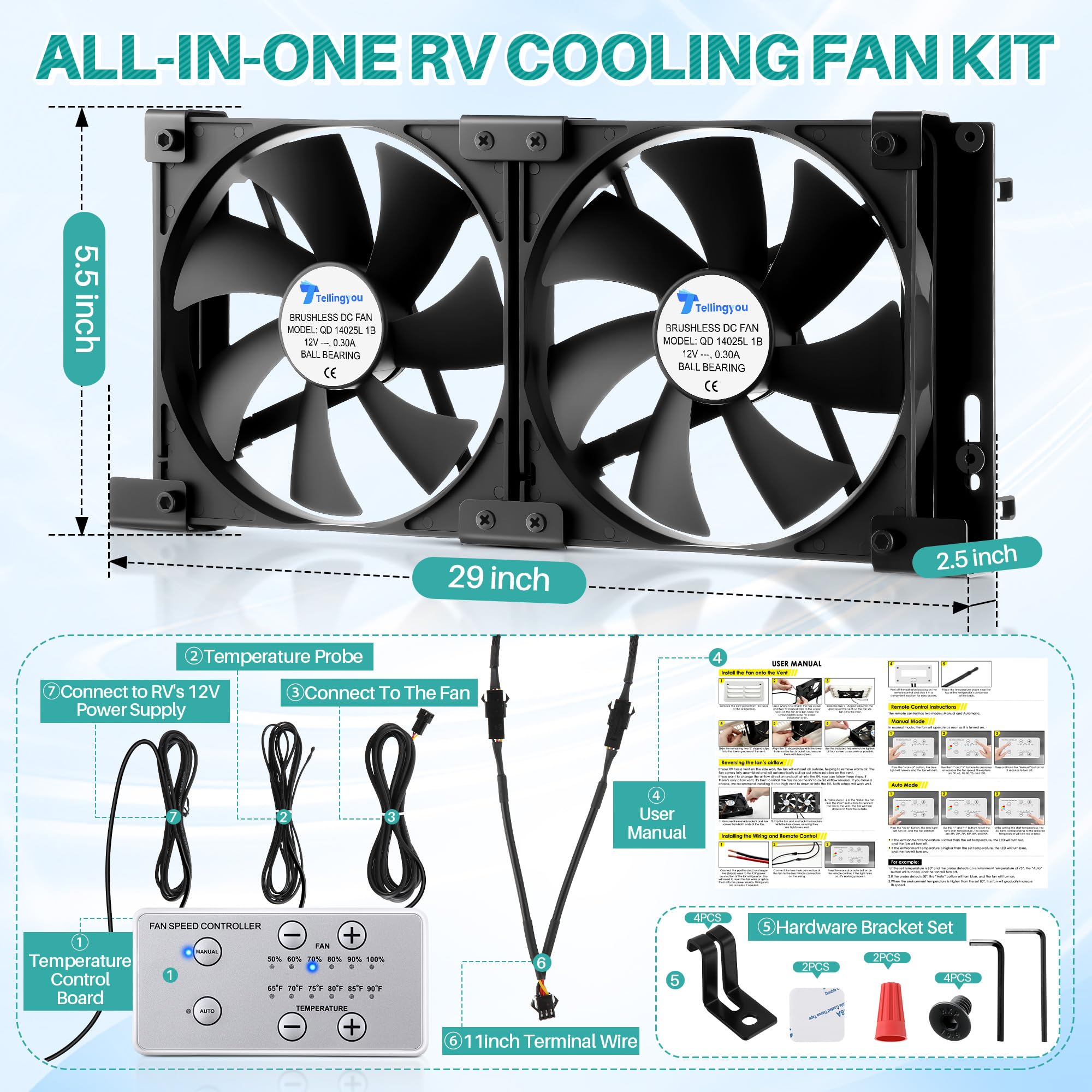 Ventilador de refrigeración de ventilación para refrigerador RV de 12 V de 5.5 pulgadas (140 mm), soportes personalizados para rejillas de ventilación laterales de RV americanas, ajustes de