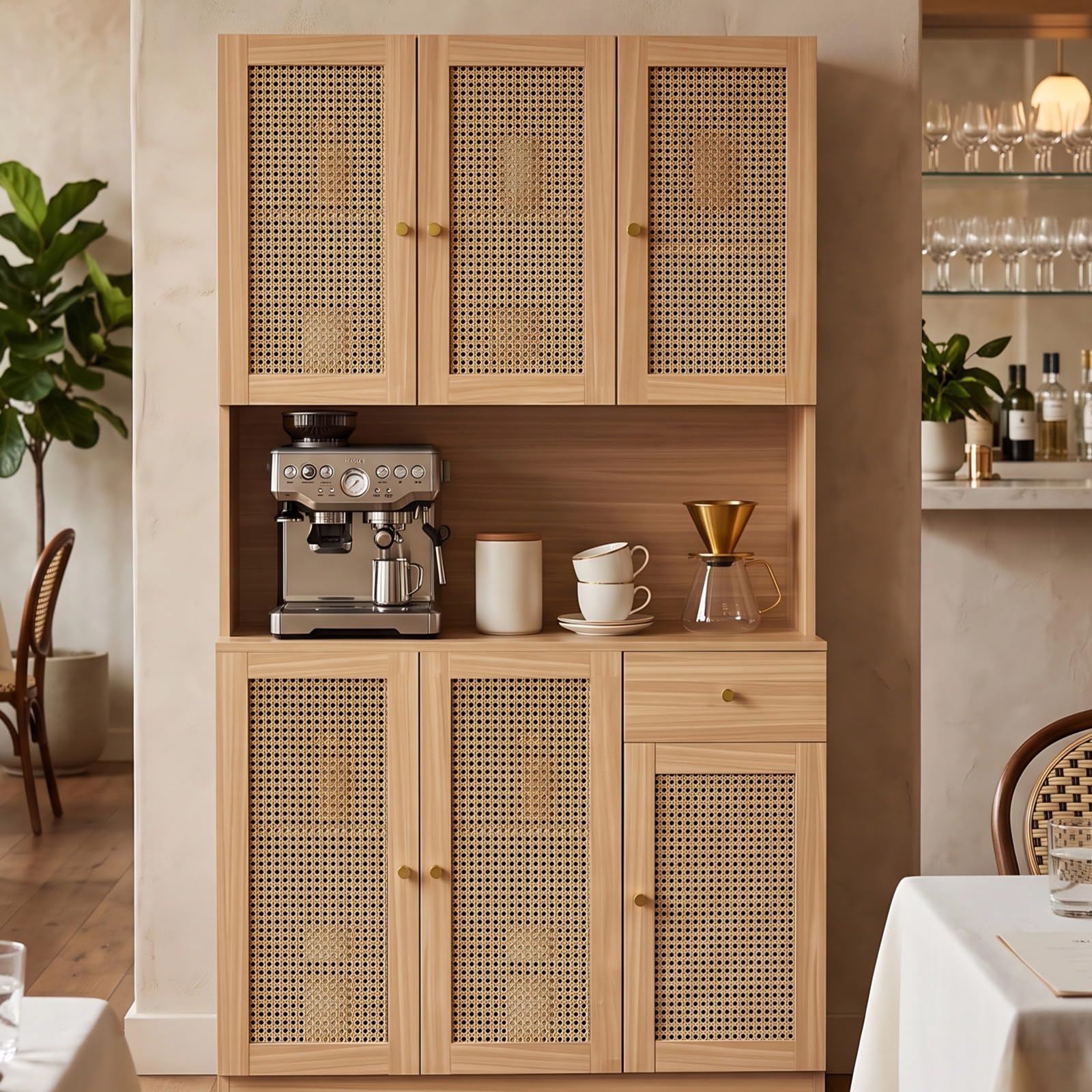 HETHLIF 71“ Tall Kitchen Pantry Cabinet, Modern Kitchen Hutch Bar Cabinet with Microwave Stand, Freestanding Food Pantry Cabinet with Shelves, Cupboard with Drawer for Dining Room, Living Room (Oak)