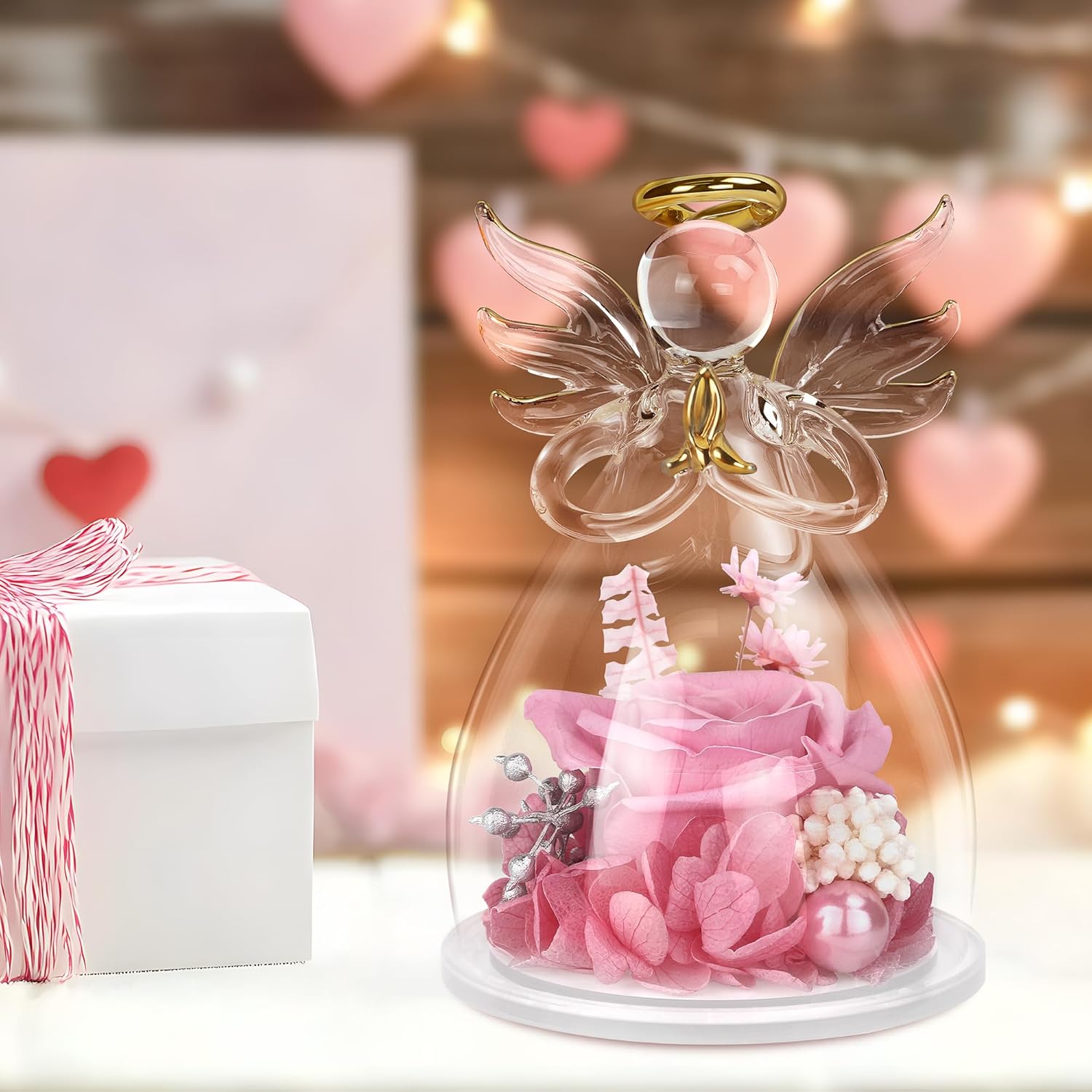 Valentines Day Rose Gifts for Her,Fresh Flowers for Delivery,Birthday Gifts for Women Mom,Preserved Flowers in Glass Angel Figurine,Angel Mothers Day Rose Gift for Mom Grandma,Pink Gift Valentines - Image 2