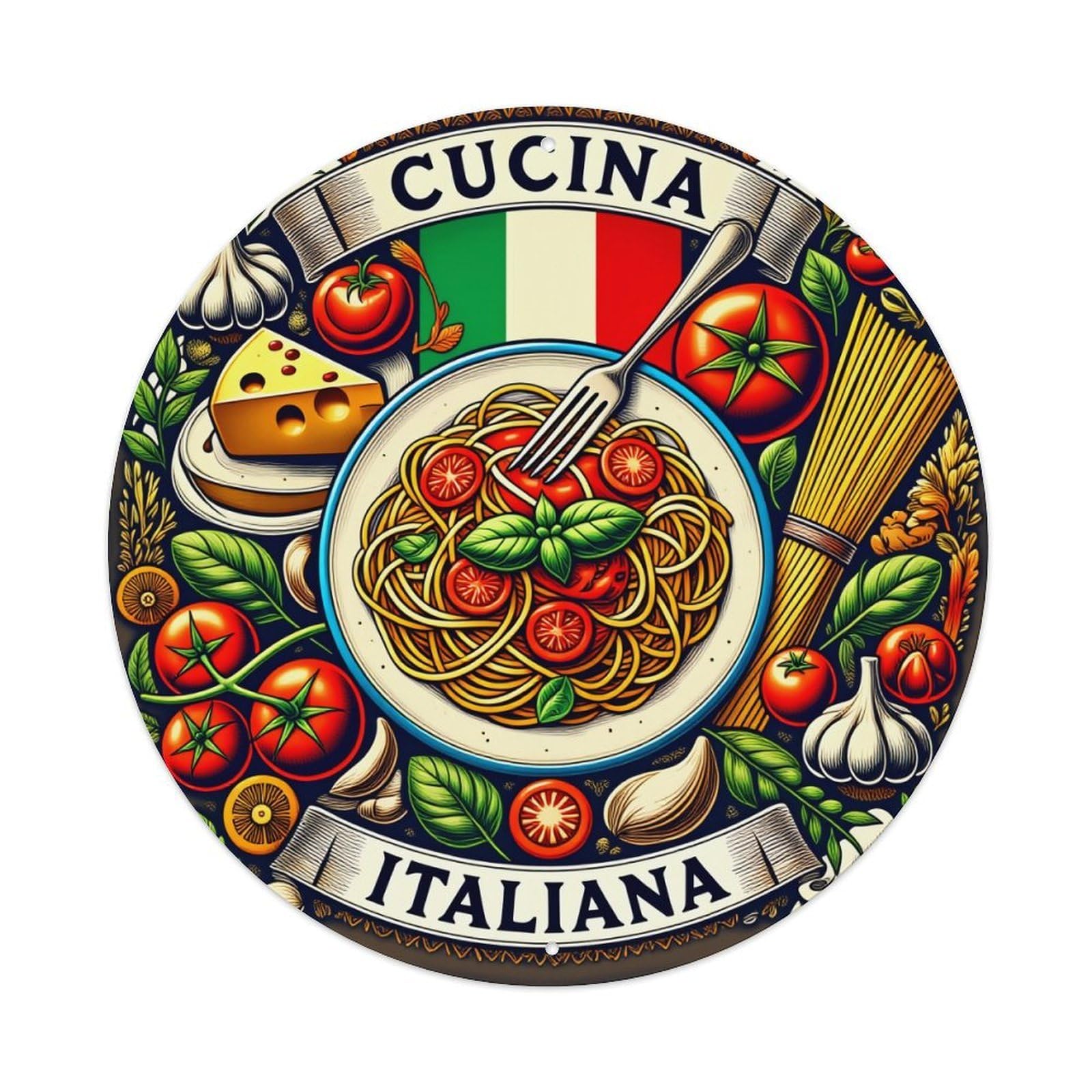 Italian Food Art Design Pattern Round Tin Sign Vintage Metal Poster, Home Bar Garage Man Cave Cafe Indoor & Outdoor Wall Decoration 8x8Inches
