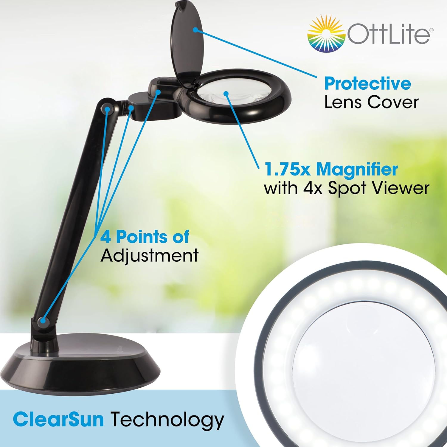 OttLite Space Saving Magnifier LED Desk Lamp, Optical Grade Magnification, Adjustable Arm, Pivoting Head, Portable to Travel, for Crafting & Needlework, Magnifying Glass with Light and Stand, Black