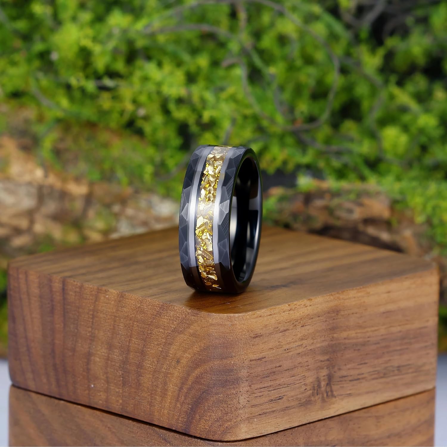 8mm Mens Black Gold Plated Tungsten Wedding Bands Rings Hammered Synthetic Aquamarine Anniversary Rings for men March Birthstone Promise Rings for Him Size 7-14 - Image 4