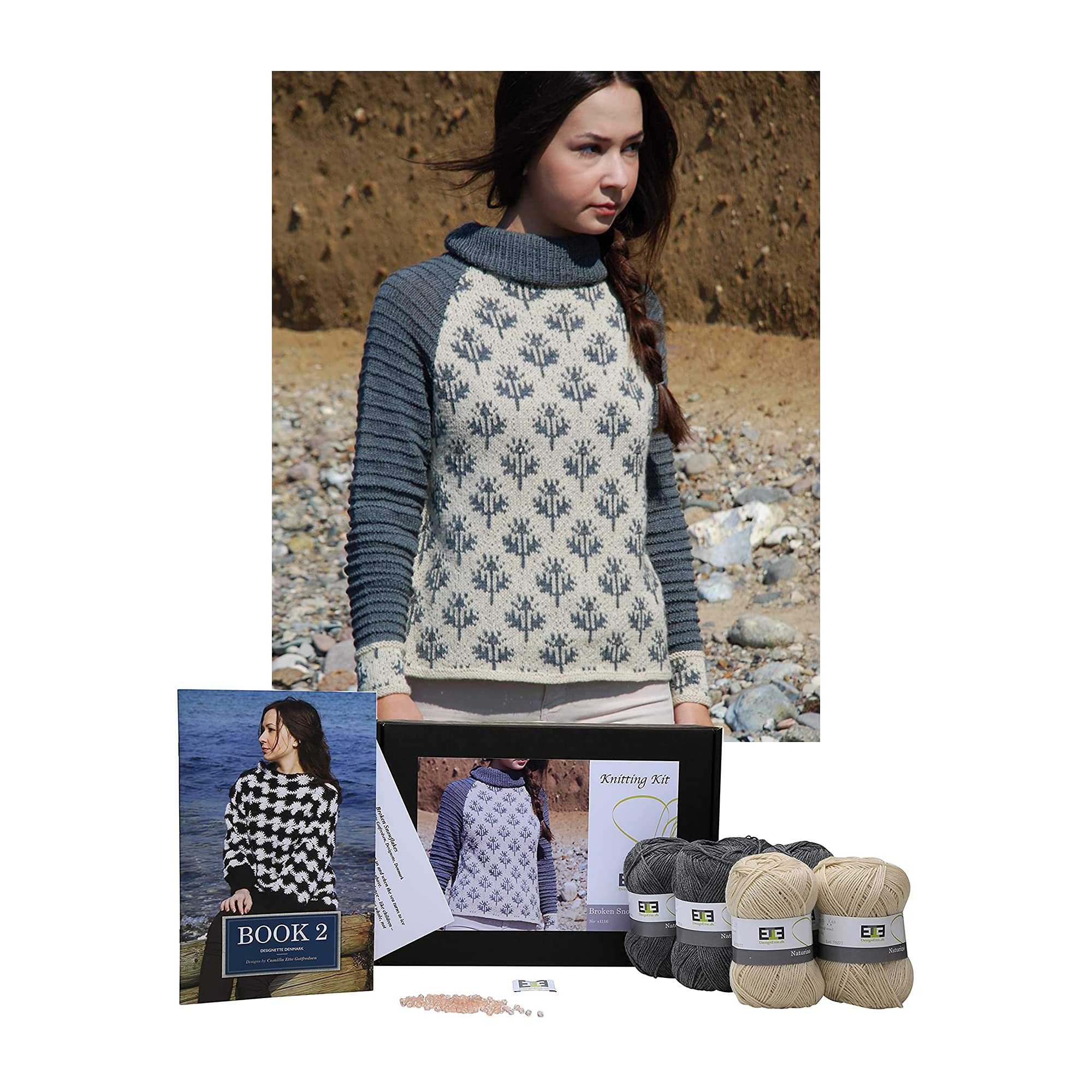 DesignEtte Knitting Kit Broken Snowflakes100 Percent Grey/White Woo Yarnl X-Large 2X-Large No-s-1116