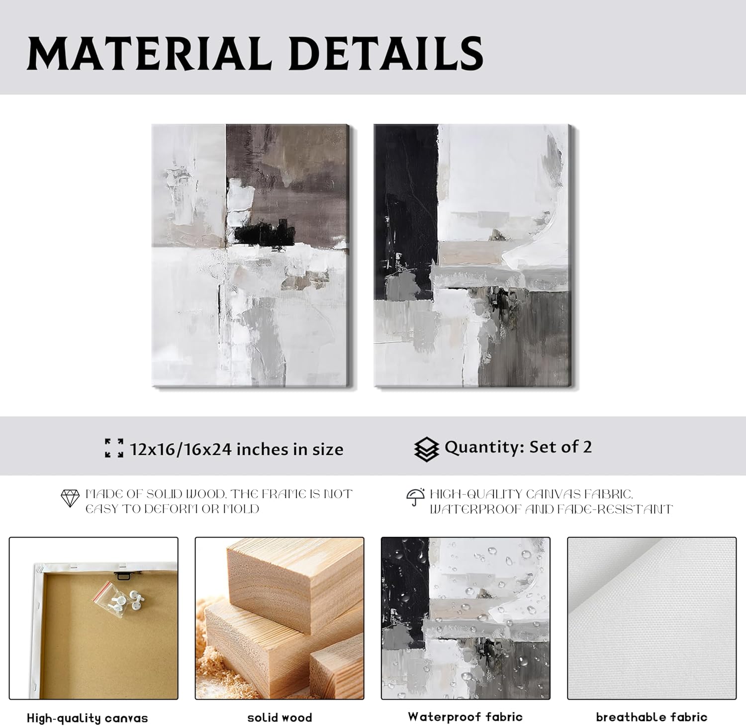 Framed Modern Abstract Wall Art Set of 2, Black White Neutral Minimalist Canvas Prints, Contemporary Industrial Artwork, Light Luxury Wall Decor for Living Room Bedroom Office, 12x16in