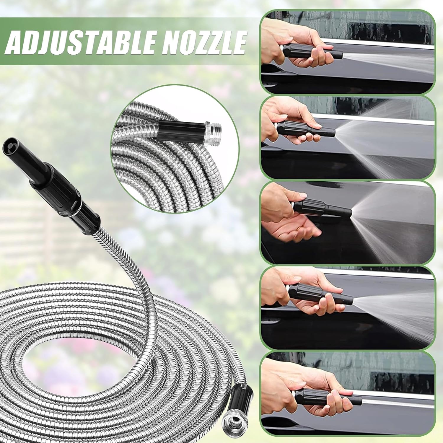 75FT Metal Garden Hose – 304 Stainless Steel Heavy Duty Water Hose with 2 Nozzles, Flexible Kink-Free Dog-Proof Hose for Garden Watering, Car Washing, House Cleaning & Dog Bathing
