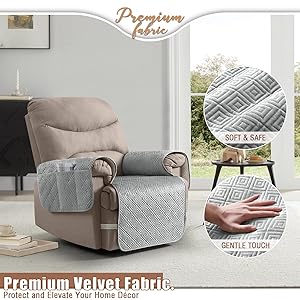 Timeles Velvet Recliner Chair Cover, 100% Waterproof Recliner Covers That Stay in Place with Pocket for Pets & Dogs (Medium-Seat Only23.6",Light Gray)