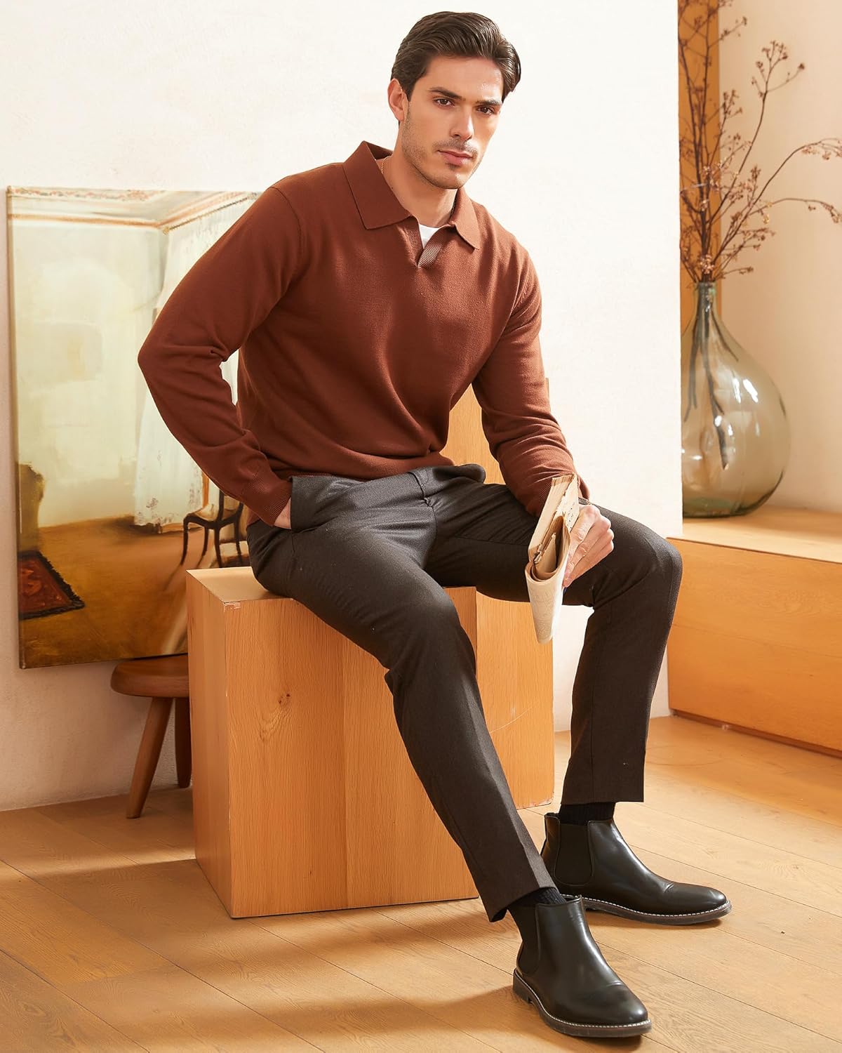 Kallspin Men's Knit Polo Sweater Regular Fit V Neck Cotton Long Sleeve Soft Classic Sweater Pullover - Image 5