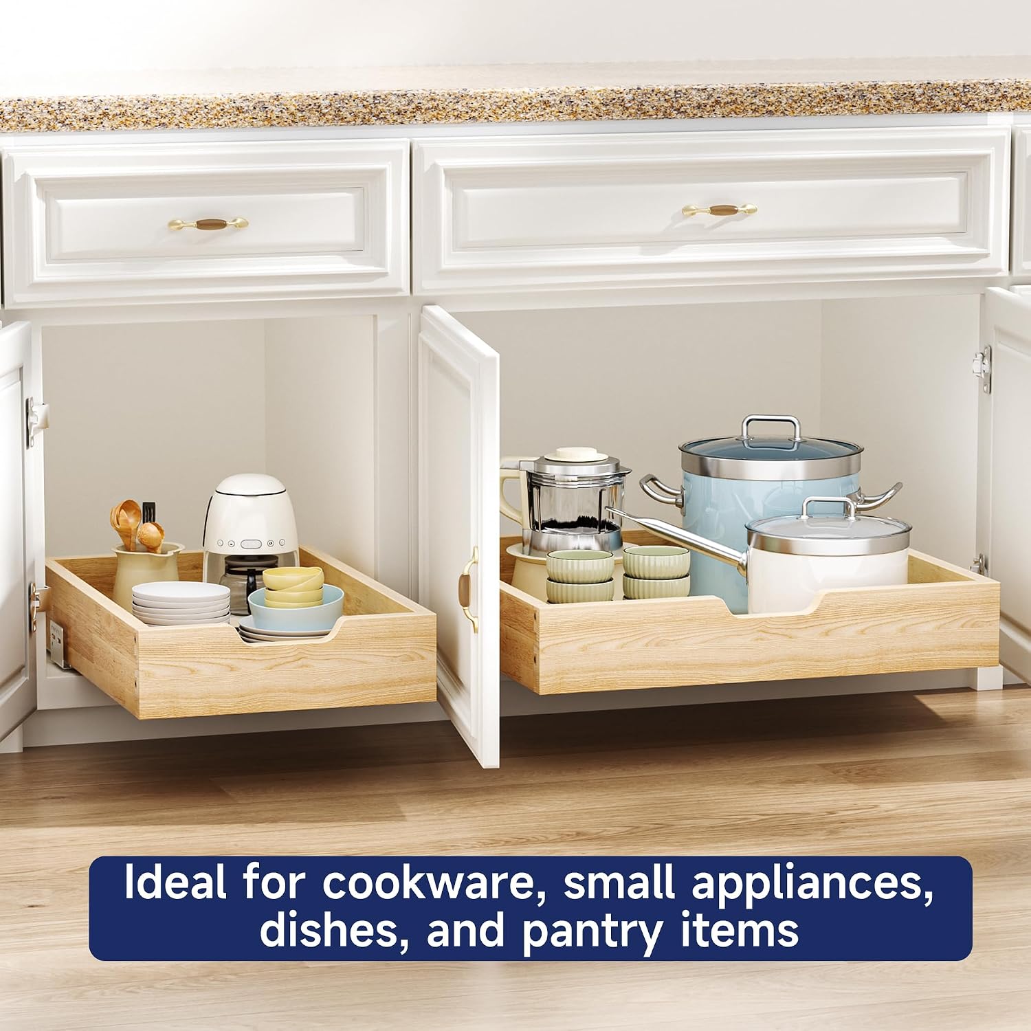 Pull Out Cabinet Organizer, 22.5 in W x 21 in D Solid Wood Slide Out Drawer, Soft Close Sliding Shelf, Bottom or Side Mount for Kitchen Pantry Bathroom, Fits 23.5 in Cabinet Opening