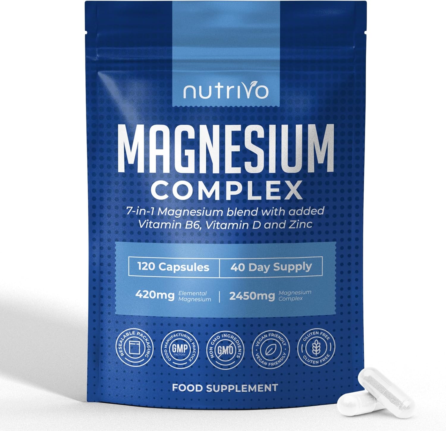 Nutrivo Magnesium Complex 7 in 1 with Vitamin B6, Vitamin D & Zinc | High Strength Magnesium Supplements – 2450mg | 120 Magnesium Capsules – 40 Day Supply | Magnesium Supplement
