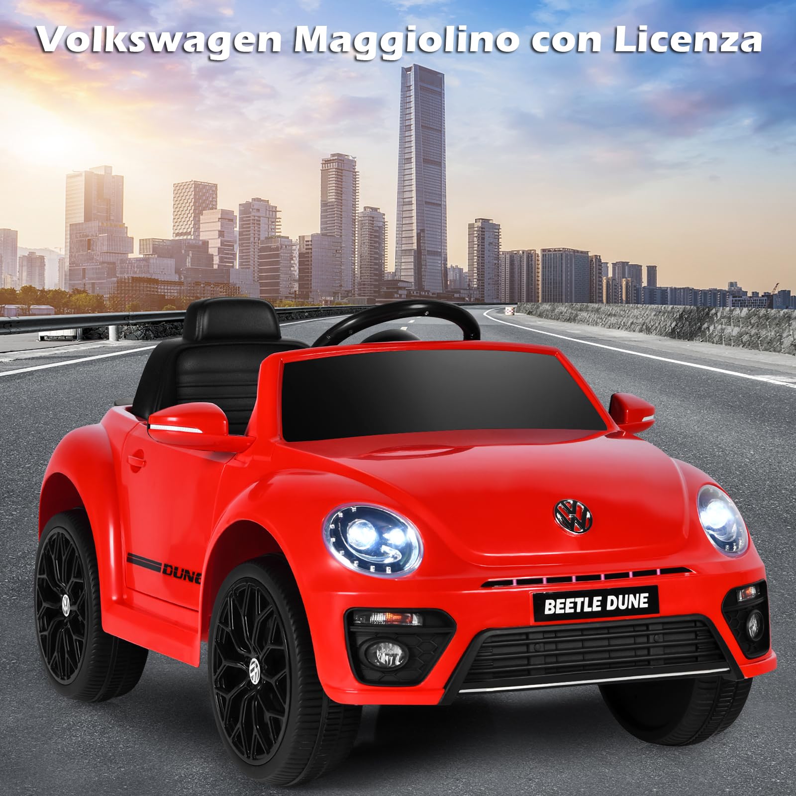 COSTWAY 12V Volkswagen Macchina Elettrica per Bambini, Auto Elettrica con Telecomando Luci Musica Doppia Porta, 5km/h Carico 30kg, per Bambini 3-8 Anni (Rosso)