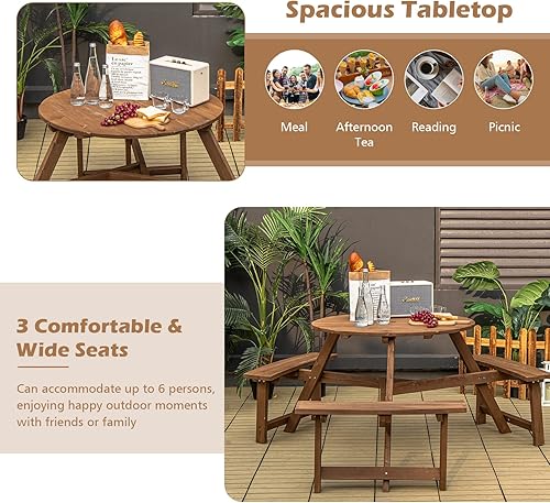 Miniatura 3 de Tangkula Mesa de picnic de madera para 6 personas, mesa redonda de picnic al aire libre con 3 bancos integrados, agujero para paraguas de 1.5