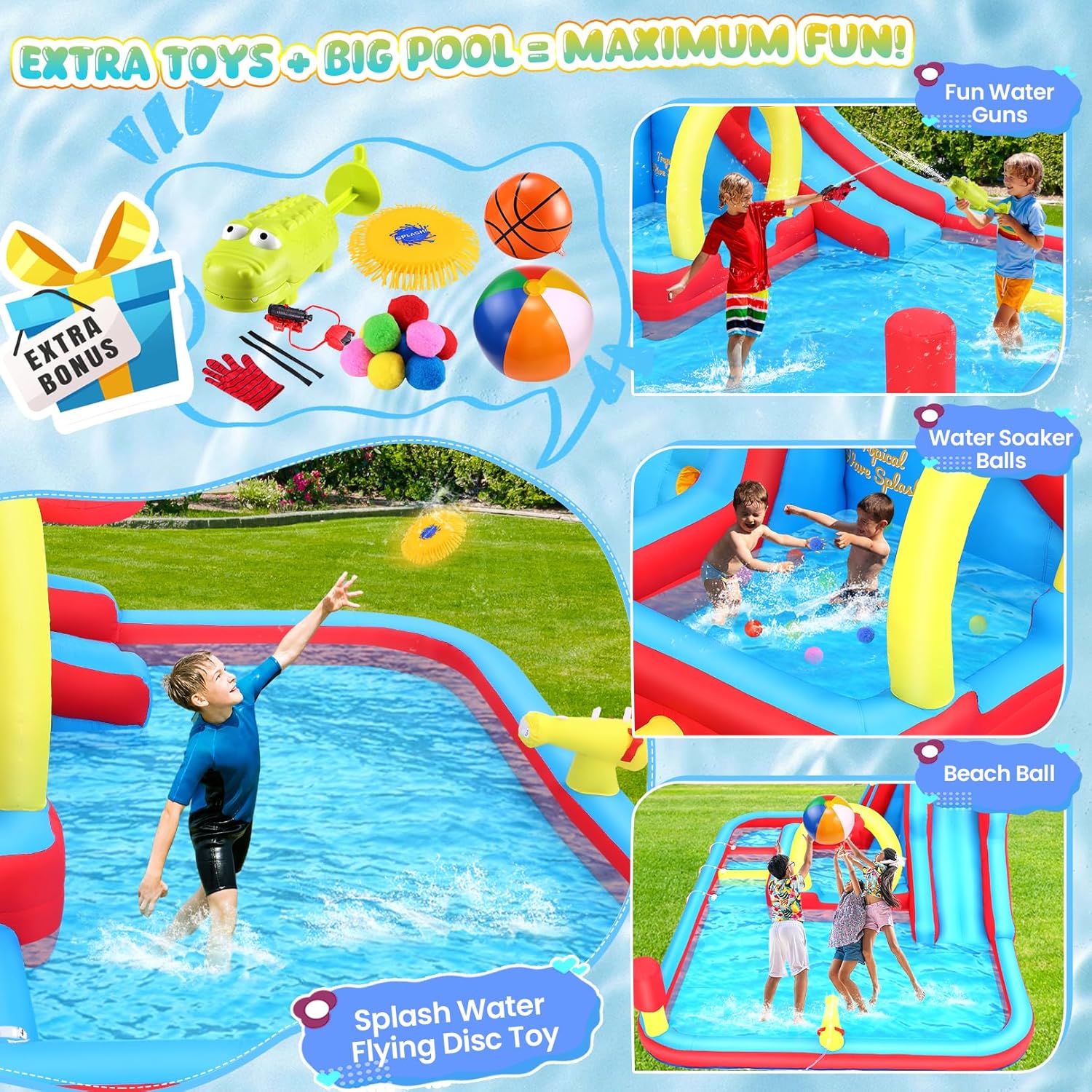 Whubefy Big Inflatable Water Slide for Kids Backyar 13.2x10FT Waterslide Bounce House Obstacle Course, 3 Pool Fountain, Splash Pool, Deep Pool Sprinkler, Blow Up Water Slides Park for Kids Party Gift