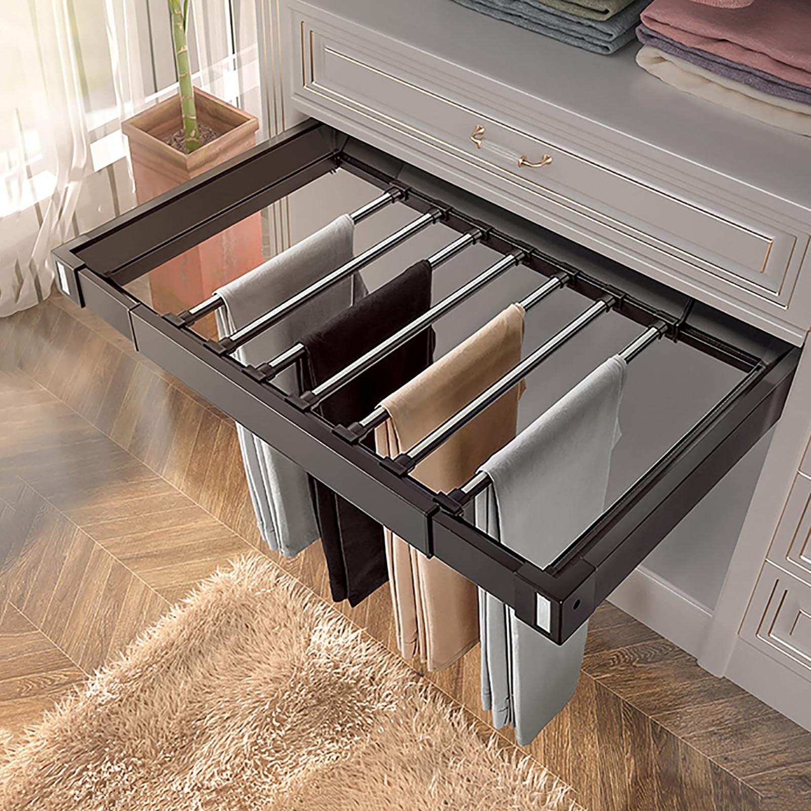 BHGFYXBS Pull Out Trousers Rack - Space Saving Clothes Hanger Organizer For Wardrobe And Closet Storage,Black-85~120cm