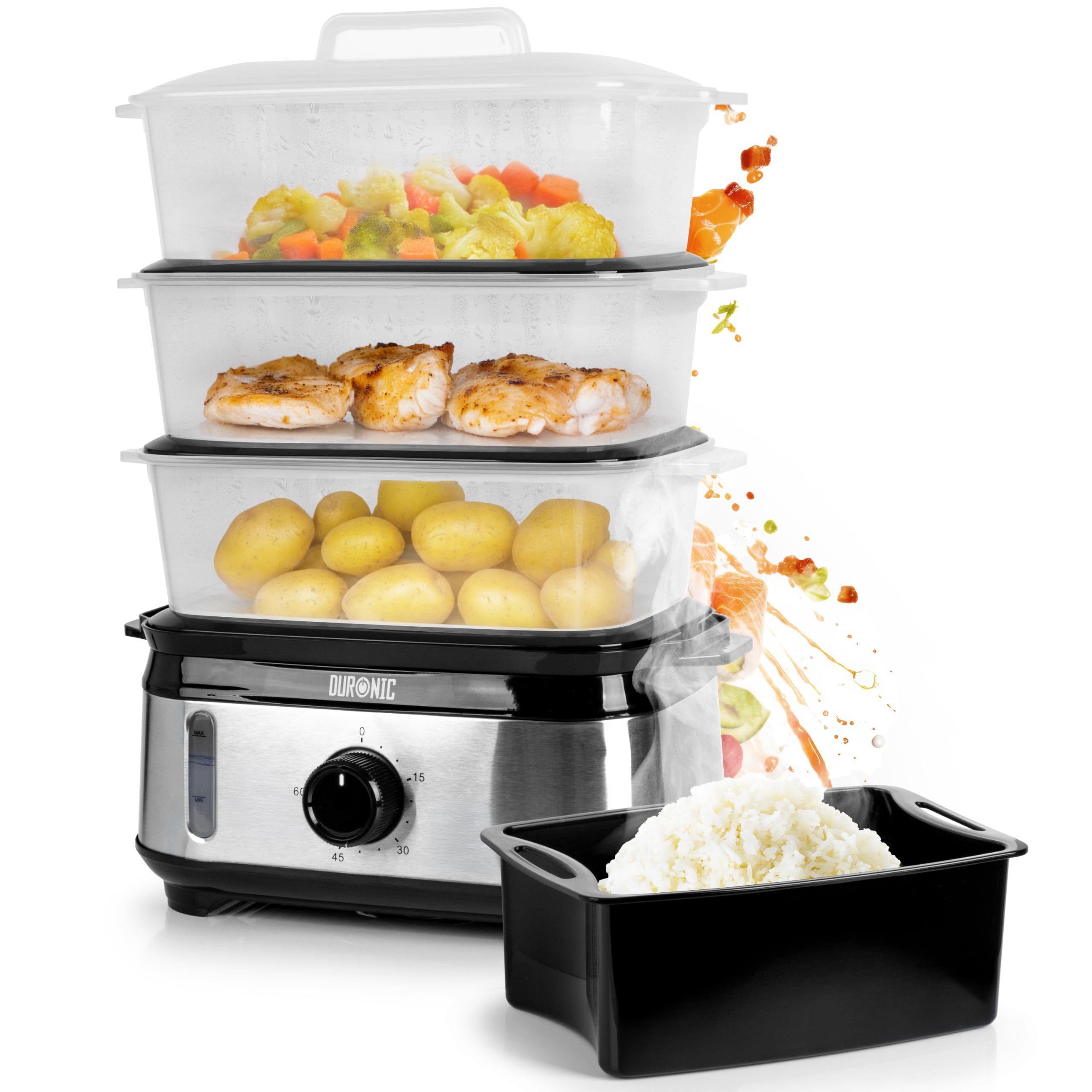 Duronic FS95 BK Black Electric Food Steamer, 3-Tier 9L Steam Cooker with Rice Bowl & 60-Min Timer, 950W BPA-Free Countertop Vegetable Steamer for Fish, Meat, Rice, Eggs, Dumplings, Momos & Baby Food โ image 1