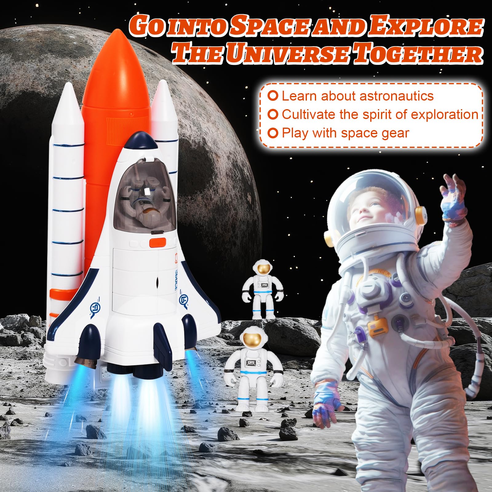 Space Shuttle, giocattolo per bambini con suono e luce, 2 astronauti, giocattolo spaziale per ragazzi e ragazze