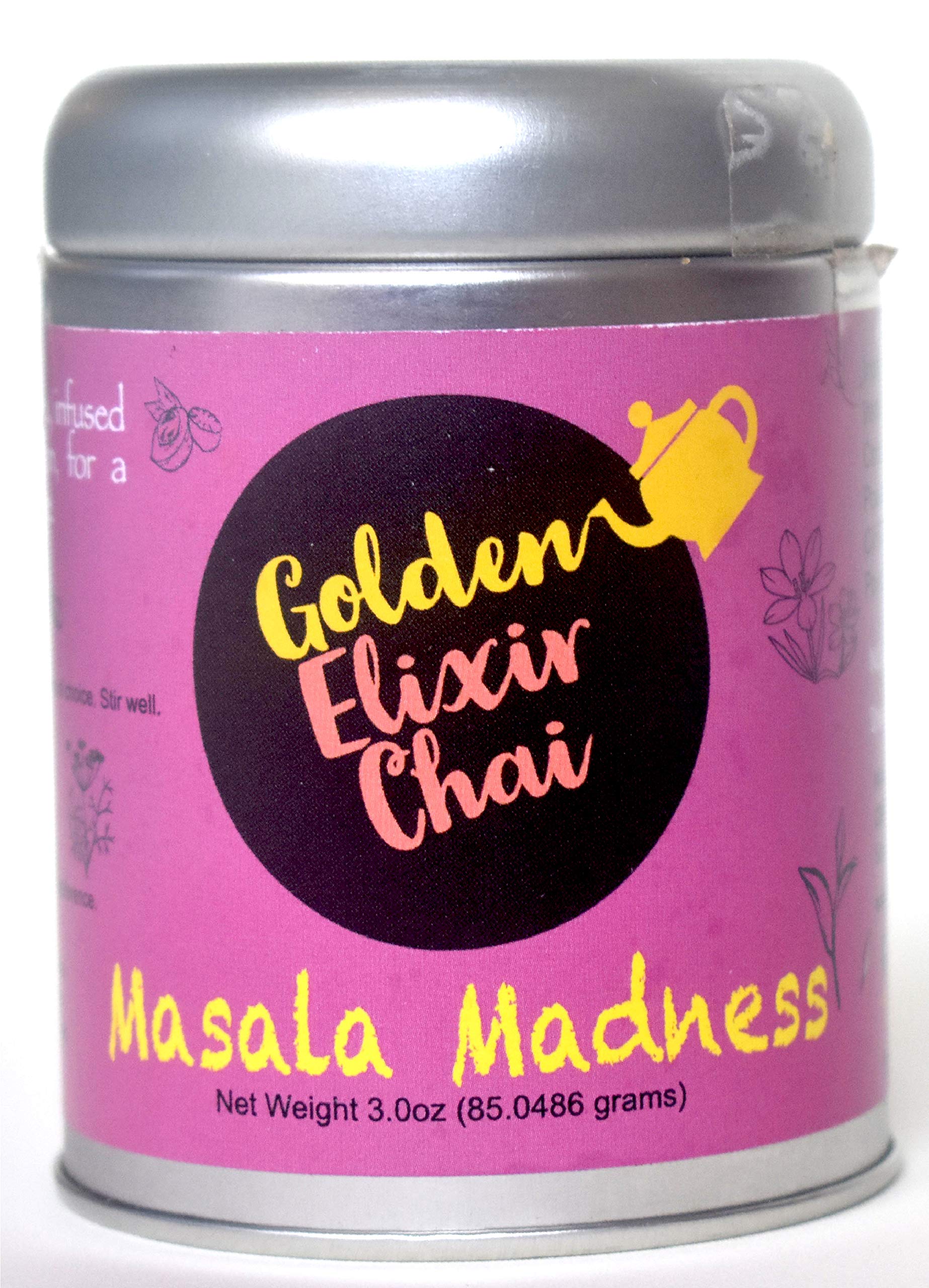 Golden Elixir Chai - Masala Madness - Makes 80 servings - 3 ounce Instant tea Powder with GMO-free Spices - Instant Indian Tea No Steeping - No dairy – No Sugar (Masala Madness, 3 oz)
