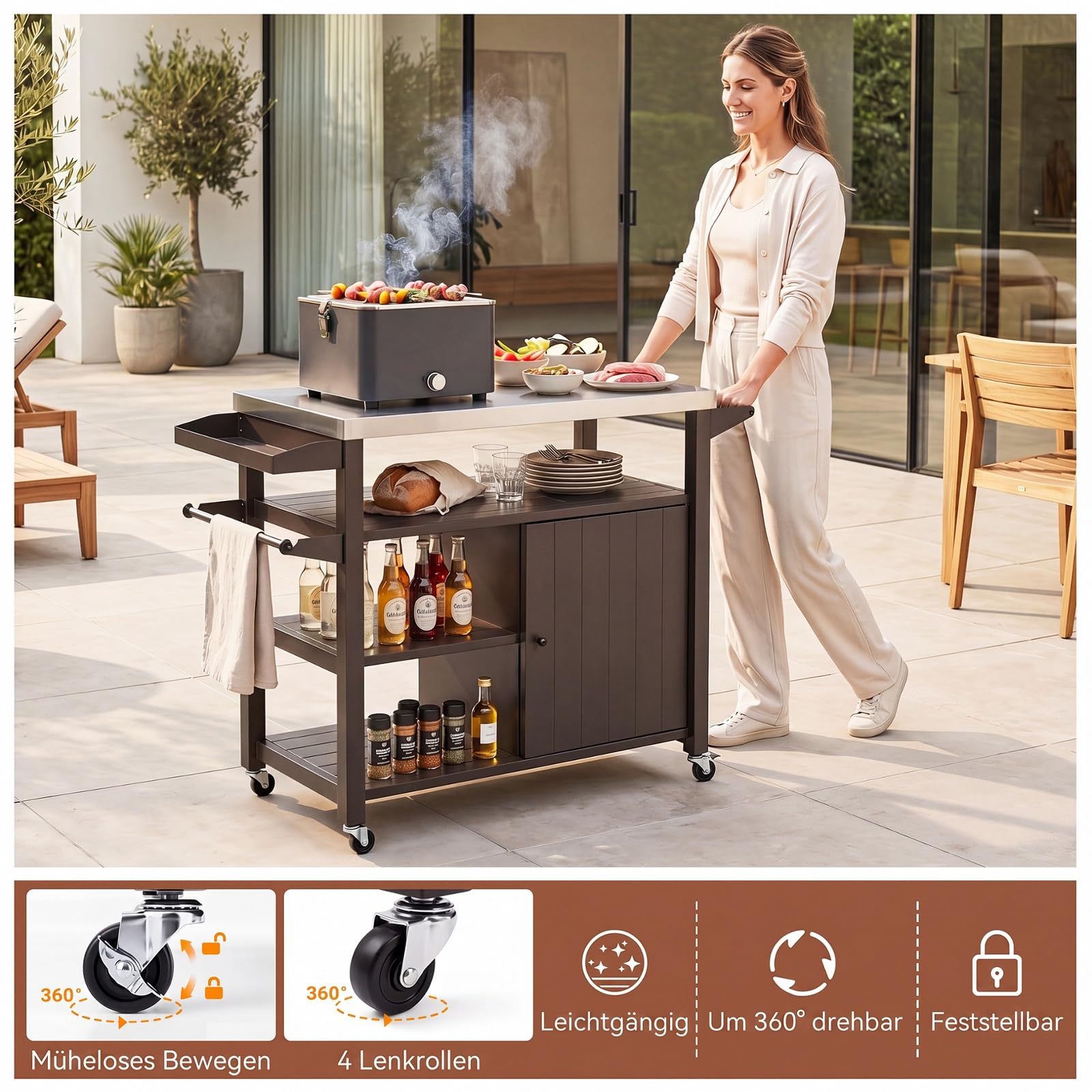 COSTWAY Grillwagen Outdoor, Grilltisch auf Rollen, Servierwagen mit Edelstahlarbeitstisch, 3 Ablagen, Schrank, Gewürzregal & Griff, Beistelltisch für BBQ, Hinterhof Garten Terrasse, Metall, Braun