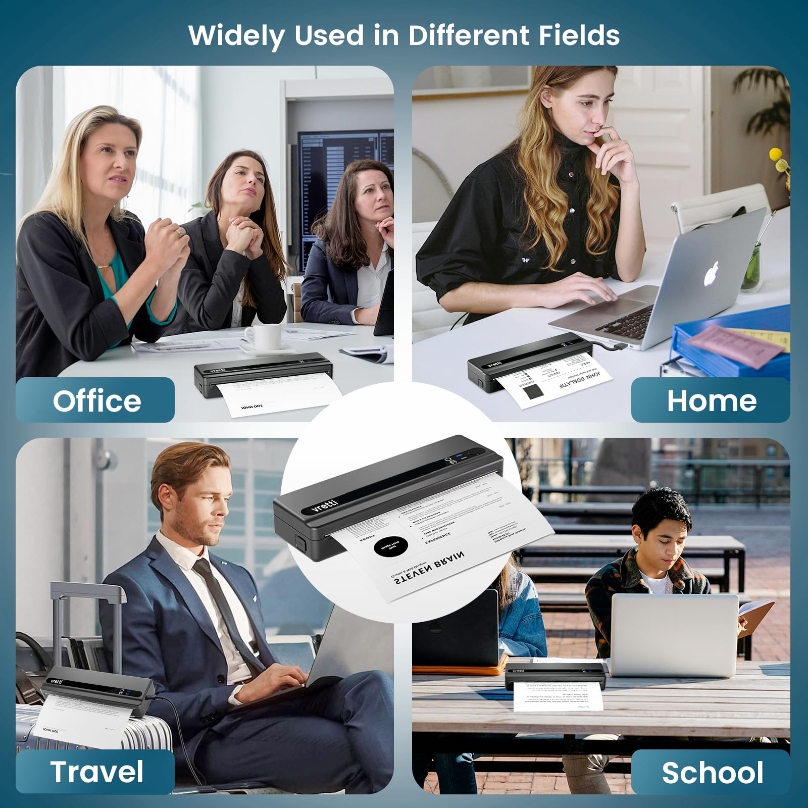 vretti Mobiler Drucker A4 für Unterwegs,Thermodrucker A4 ohne Tinte | kompatibel mit Windows/macOS/iOS/Android,Tragbarer Drucker unterstützt 210x297mm Thermopapier für Zuhause,Büro,Foto,Schwarz