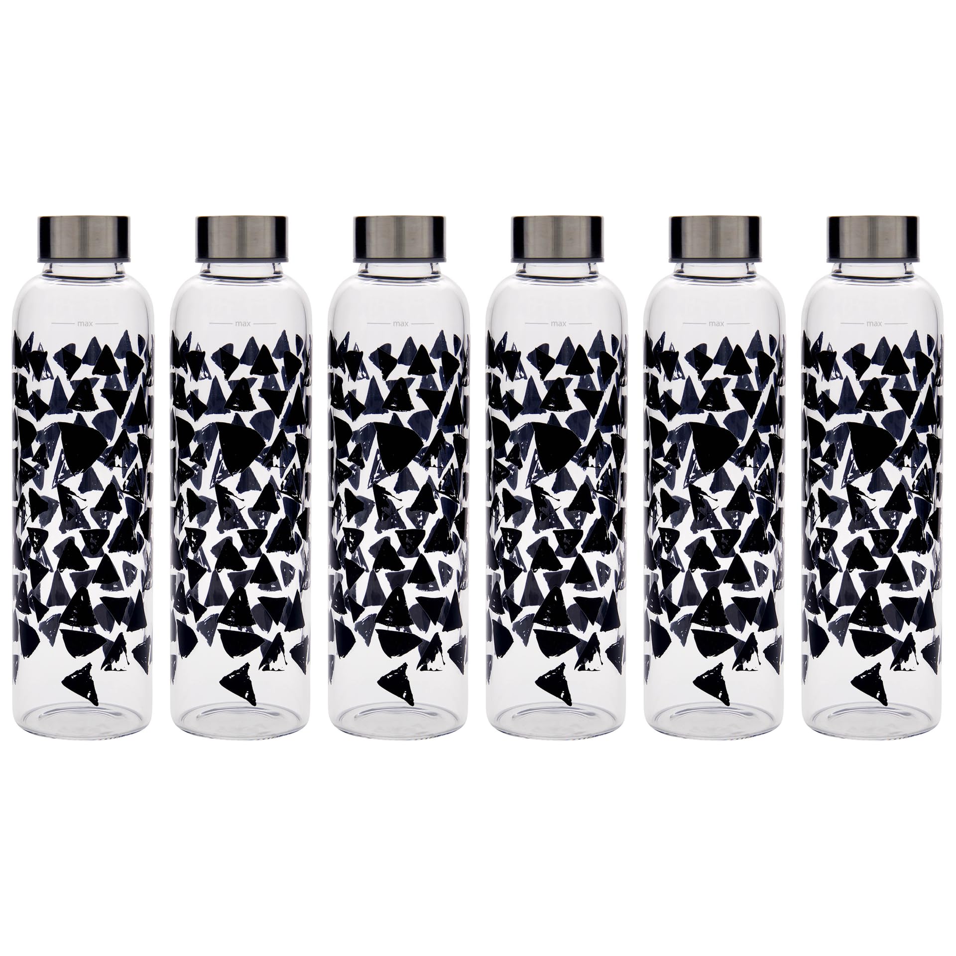 Set di 6 borracce Perseus da 500 ml, triangoli neri in vetro trasparente con coperchio in metallo