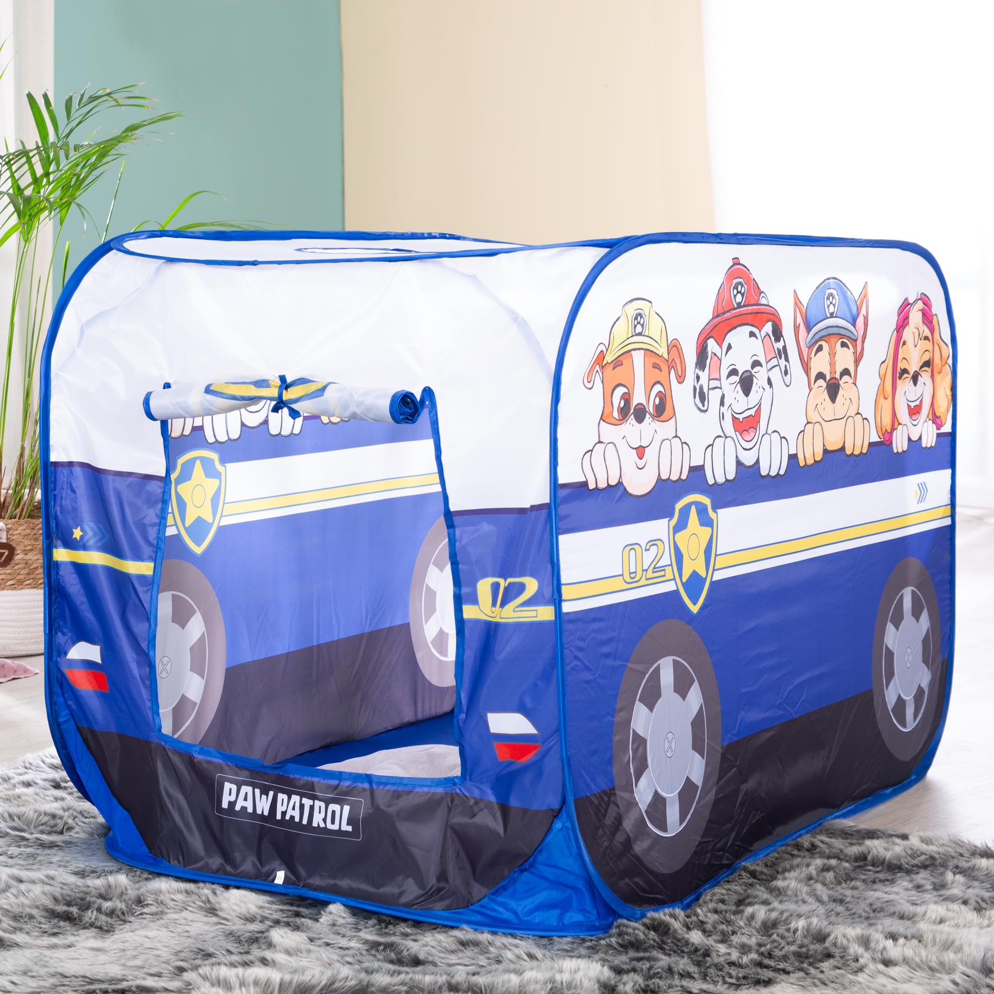roba Paw Patrol Tienda de Juego - Carpa Infantil en Forma de Coche de Policía - Función Plegable + Bolsa de Transporte - Diseño de Perros Chase, Marshall, Rubble, Skye - Azul/Blanco