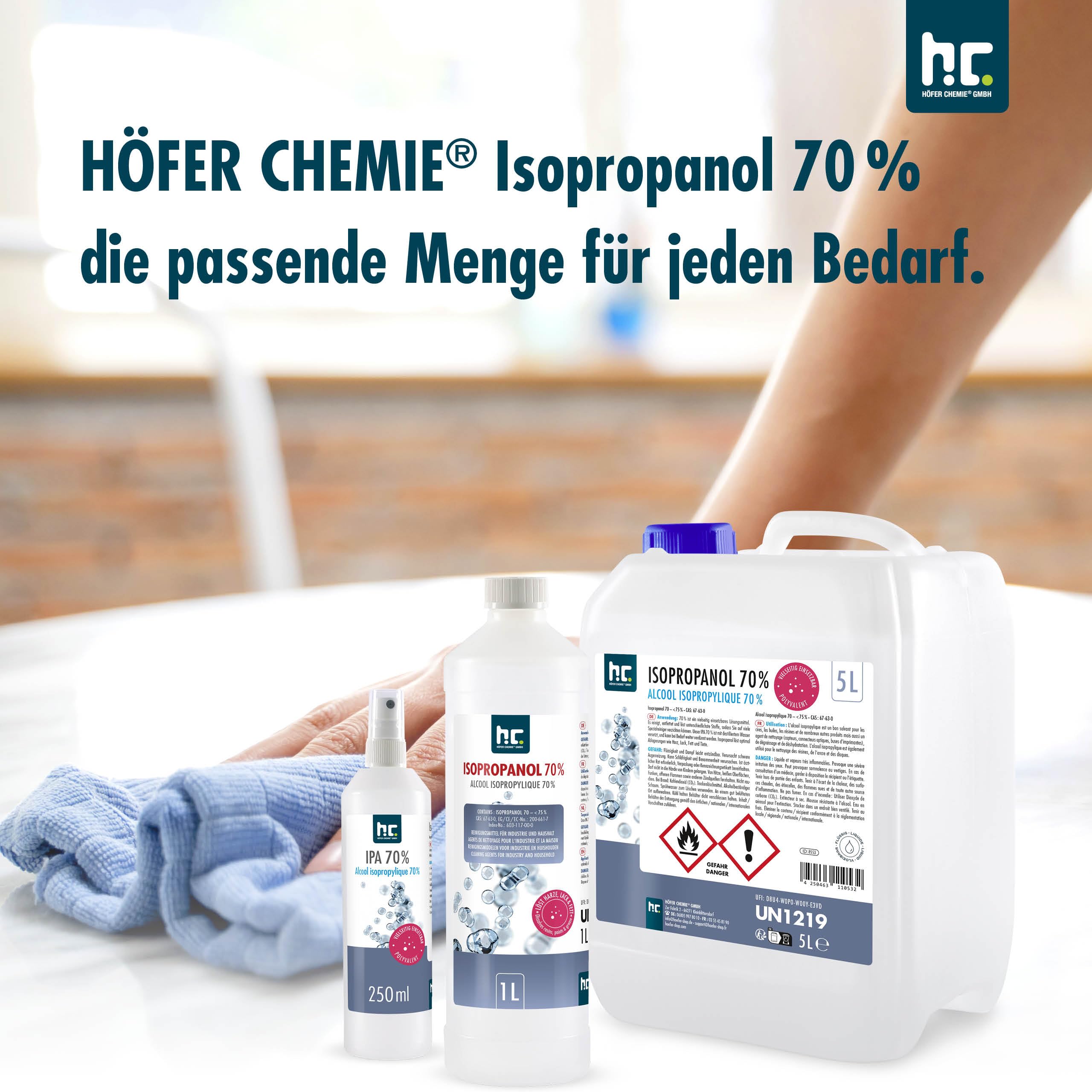 Höfer Chemie 2 x 5L Isopropanol 70% – Isopropylalkohol zum Reinigen und Entfetten von Glas, Displays, Brillen, Schallplatten und Whiteboards – IPA 70 Industriealkohol im praktischen Kanister