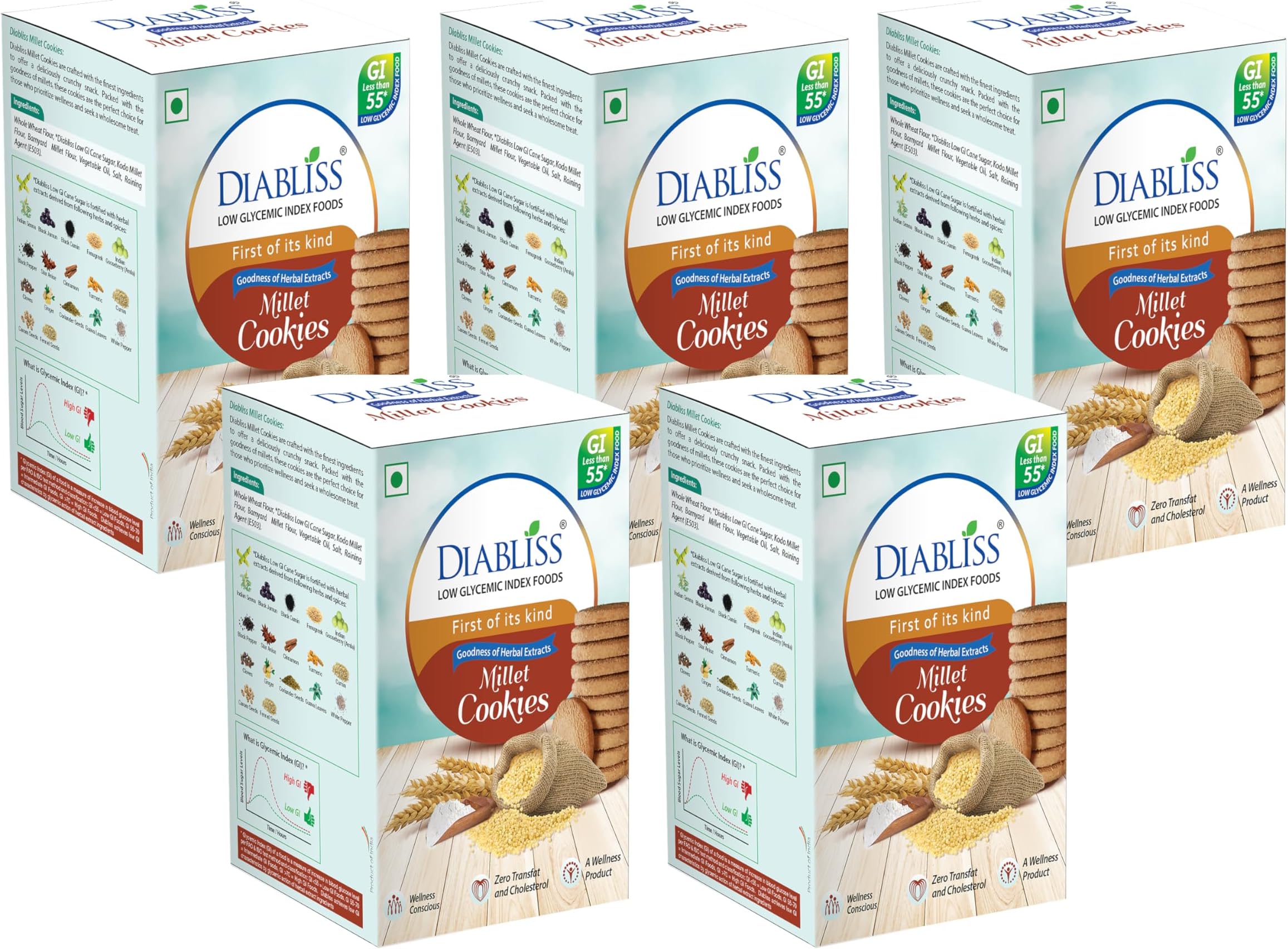 - Diabliss Millet Cookies โ Made with Millets & Whole Wheat, No Maida | Low GI Sugar & 17 Herbs & Spices | Glucose Friendly Crunchy Snack | Trusted by Consumers in 3 Continents | 120g - Pack of 5